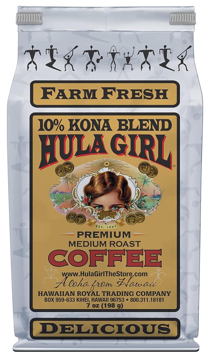 Hula Girl 10% Kona Ground Coffee, Grown in Hawaii, Hand Picked, Sun Dried, Fresh Roasted and Packed in Hawaii for 30 years, 7 Ounce