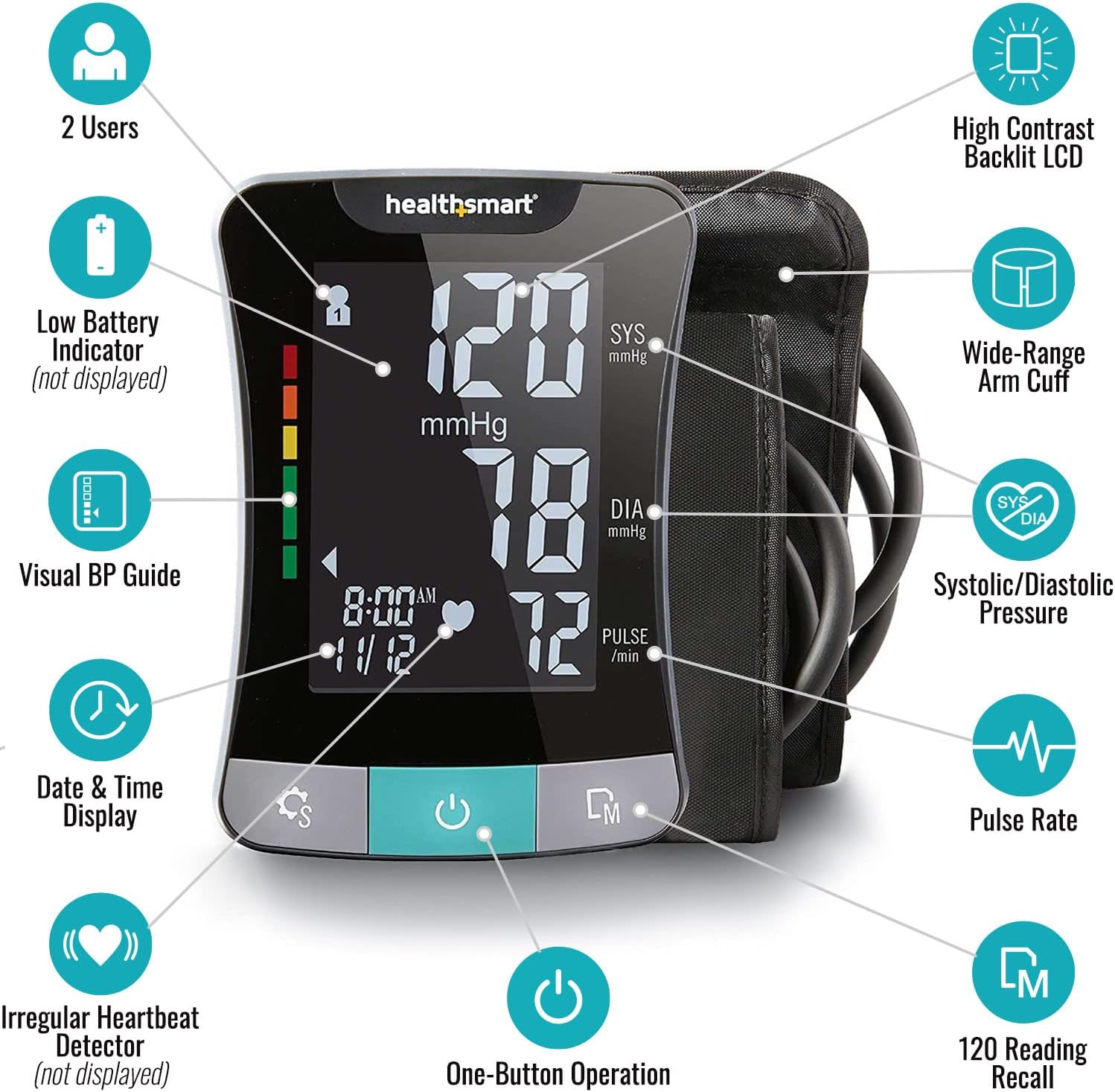 HealthSmart Digital Standard Wrist Blood Pressure Monitor with Automatic Adult Cuff That Displays Pulse Rate and Irregular Heartbeat Stores up to 60 Readings for 2 Users