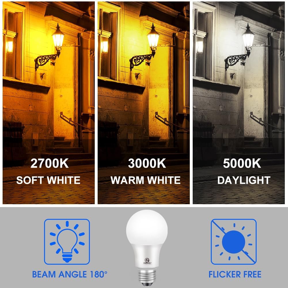 Energetic 4-Pack Dusk to Dawn LED Outdoor Light Bulb, 60 Watt Equivalent(6W), 800LM, Warm White 3000K, E26 Base
