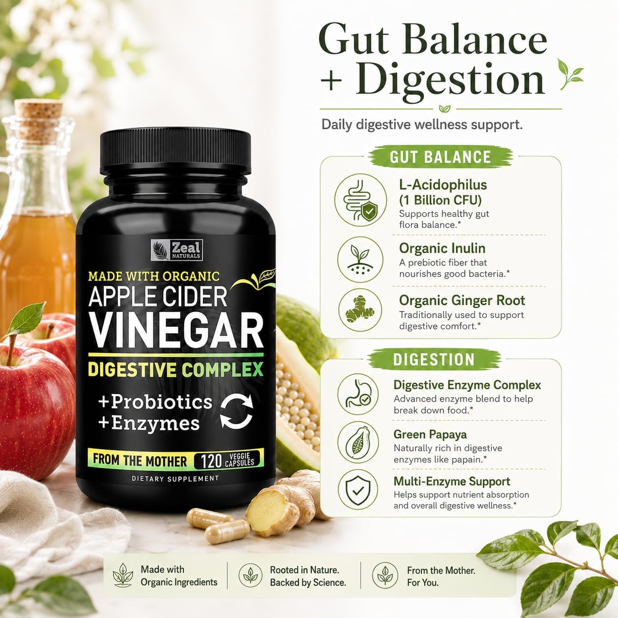 Zeal Organic Apple Cider Vinegar Capsules + Digestive Complex | GLP-1 Support