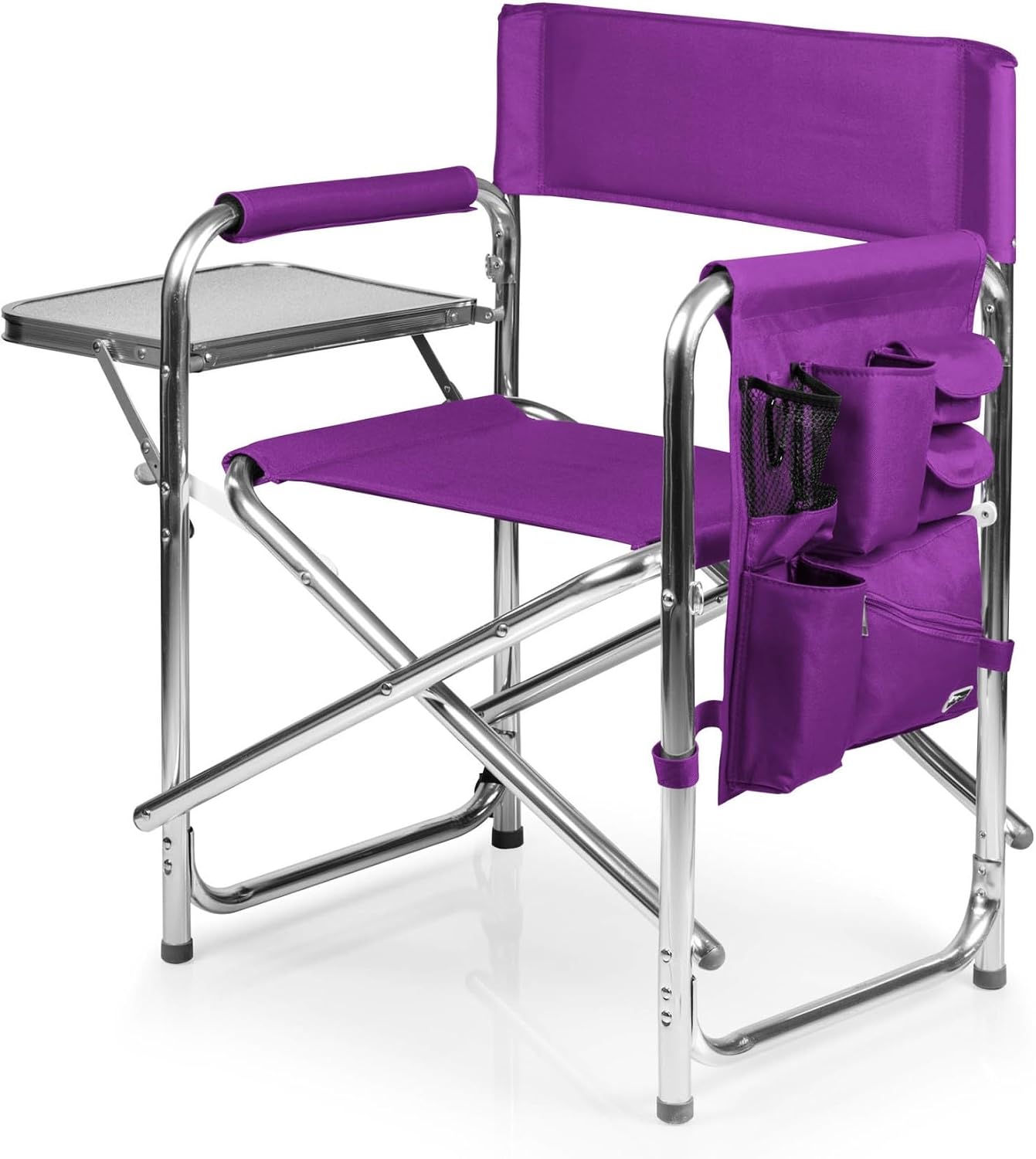 PICNIC TIME Sports Chair with Side Table and Armrest Caddy, Lightweight Aluminum Folding Outdoor Camping Chair for Adults, Portable Director Style Lawn Seating with Pockets & Carry Strap, (Navy Blue)