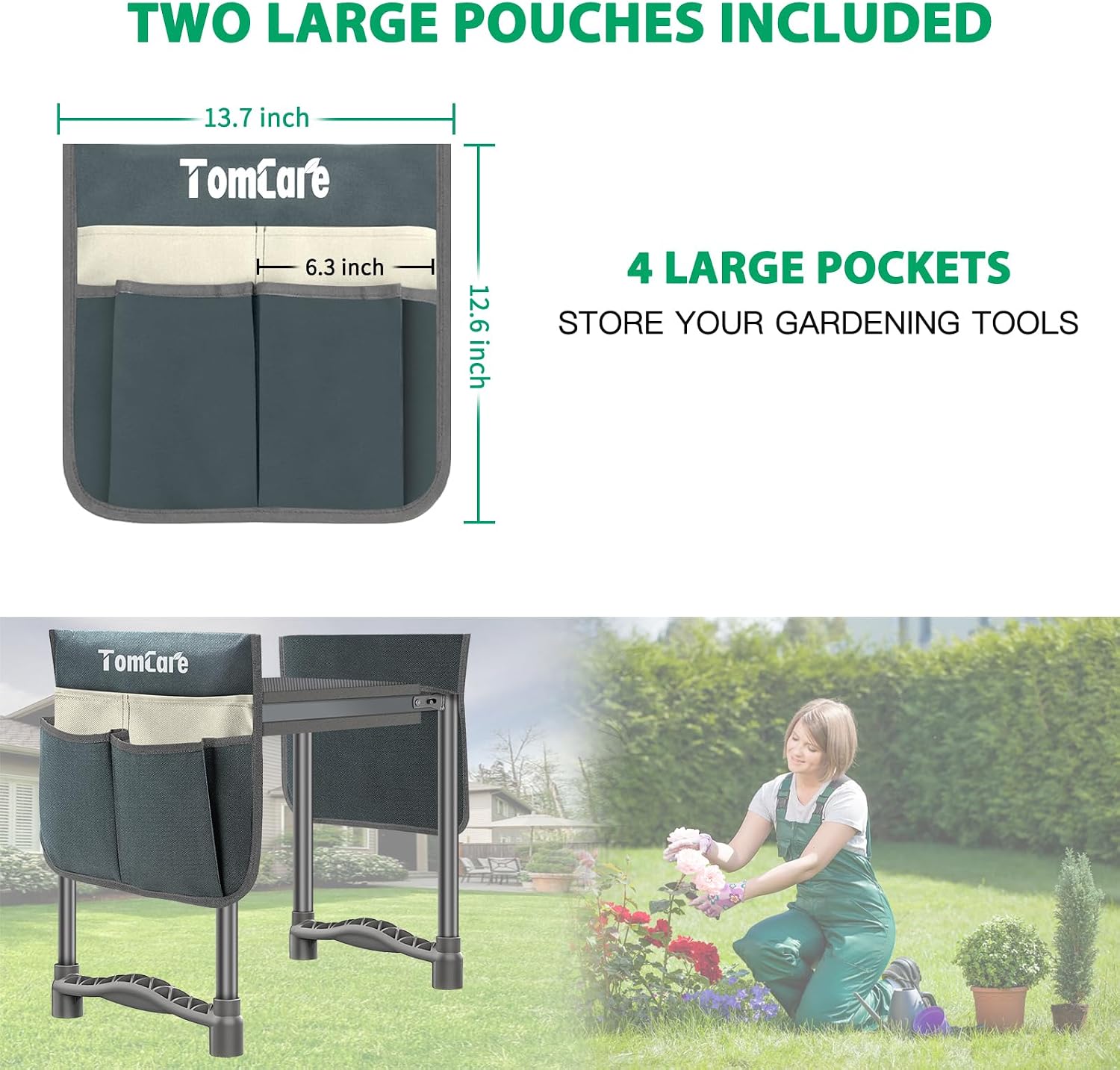 TomCare Garden Kneeler and Seat, 11.12" Kneeling Pad Sturdy Garden Bench | Heavy Duty Garden Stool, 450 lbs Load Capacity, 2 Tool Pouches, Foldable Design, Gardening Gift for Women, Men and Gardeners