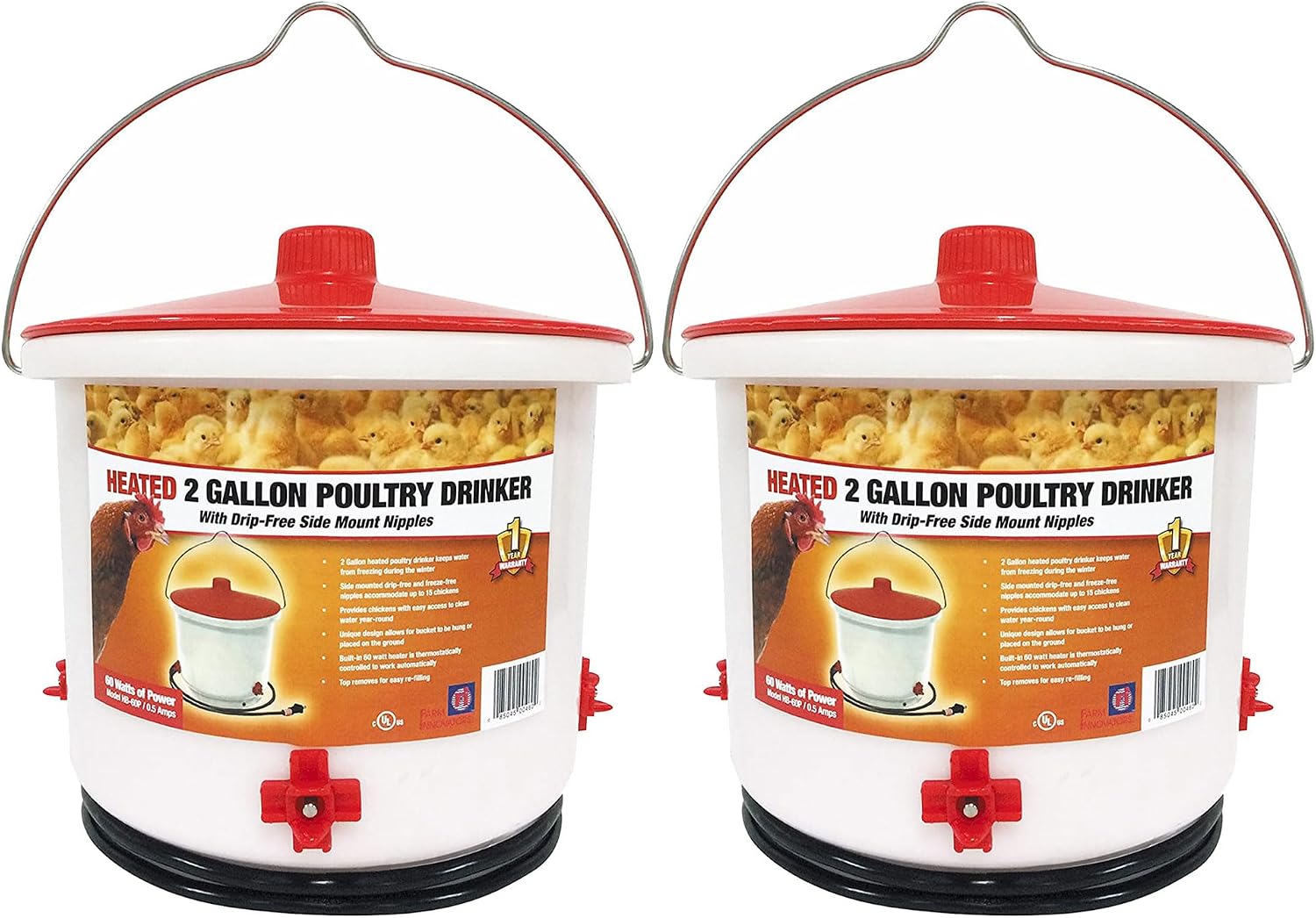 Farm Innovators HB-60P Thermostatically Controlled Heated 2 Gallon Plastic Outdoor Year Round Poultry Chicken Water Bucket Drinker, White/Red | Thermostatically controlled to keep water from freezing, side mounted drip-free/freeze-free nipples for up to…