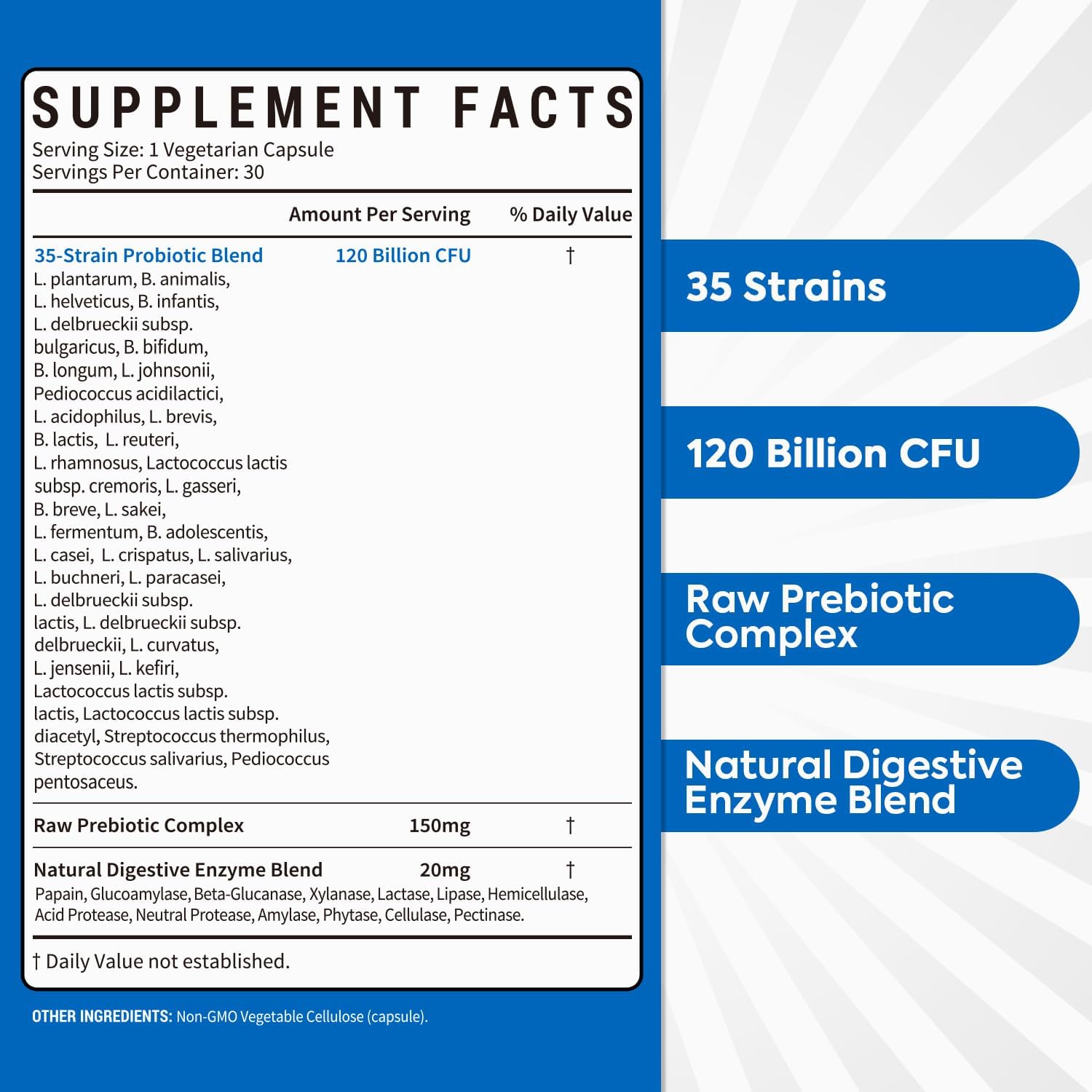 Probiotics 120 Billion CFU, Probiotics for Men & Women, Prebiotics + Digestive Enzymes, Highest Potency, 3-in-1 Complete Probiotic, 30 Capsules