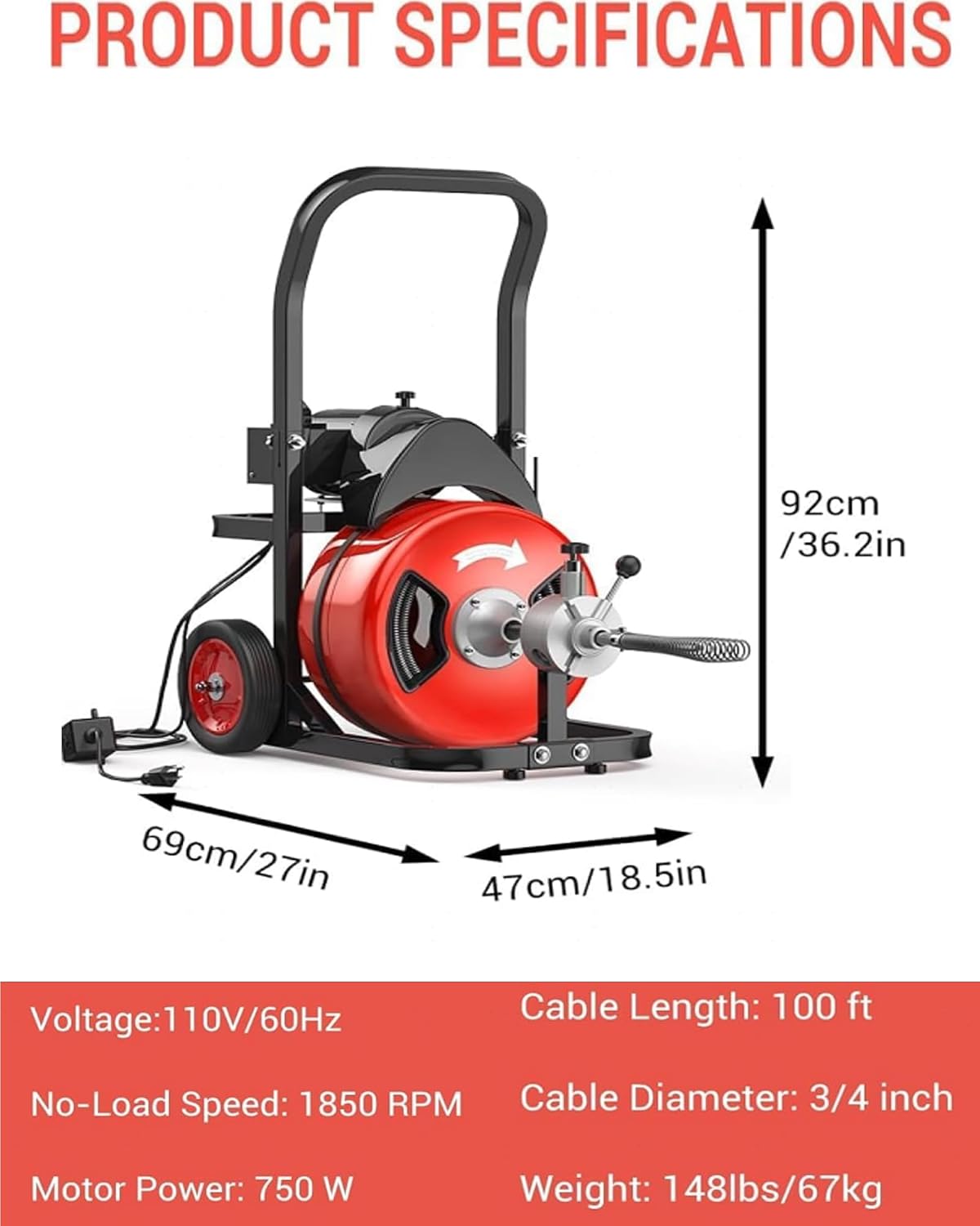 100Ft 3/4 Inch Drain Cleaning Machine. Sewer Snake 750w Auto Feed | Portable Drain Cleaning Machine Electric Drain Auger Sewer Auger with 6 Cutter Air-Activated Foot Switch for 4" to 8" Pipes