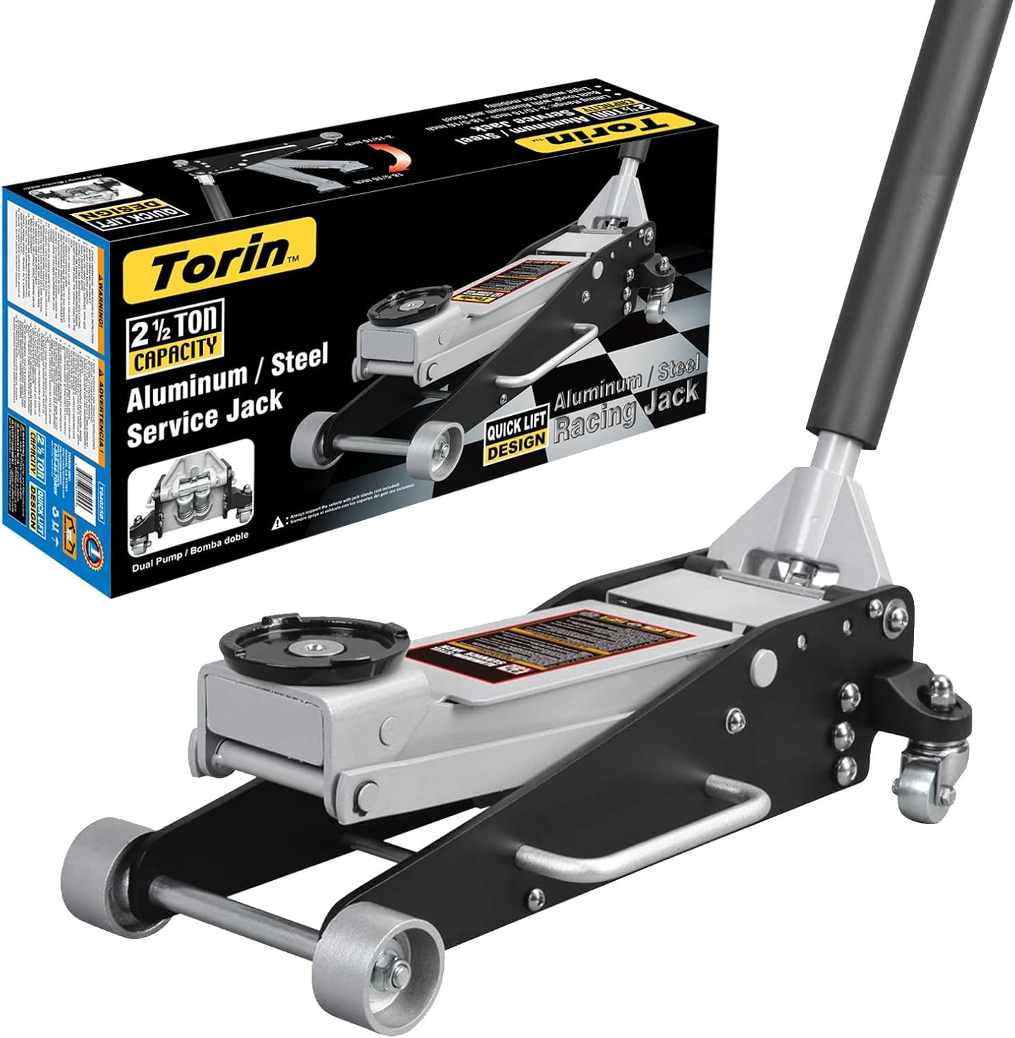 Torin TAM815016L Hydraulic Low Profile Aluminum and Steel Racing Floor Jack with Dual Piston Quick Lift Pump, 1.5 Ton (3,000 lb) Capacity, Black