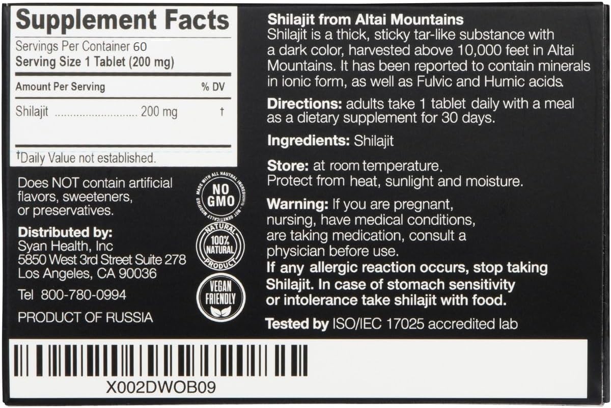 Shilajit Tablets 60 Count for Men and Women, 200mg Fulvic Acid | 85+ trace minerals, lab-tested, more effective than resin and capsules