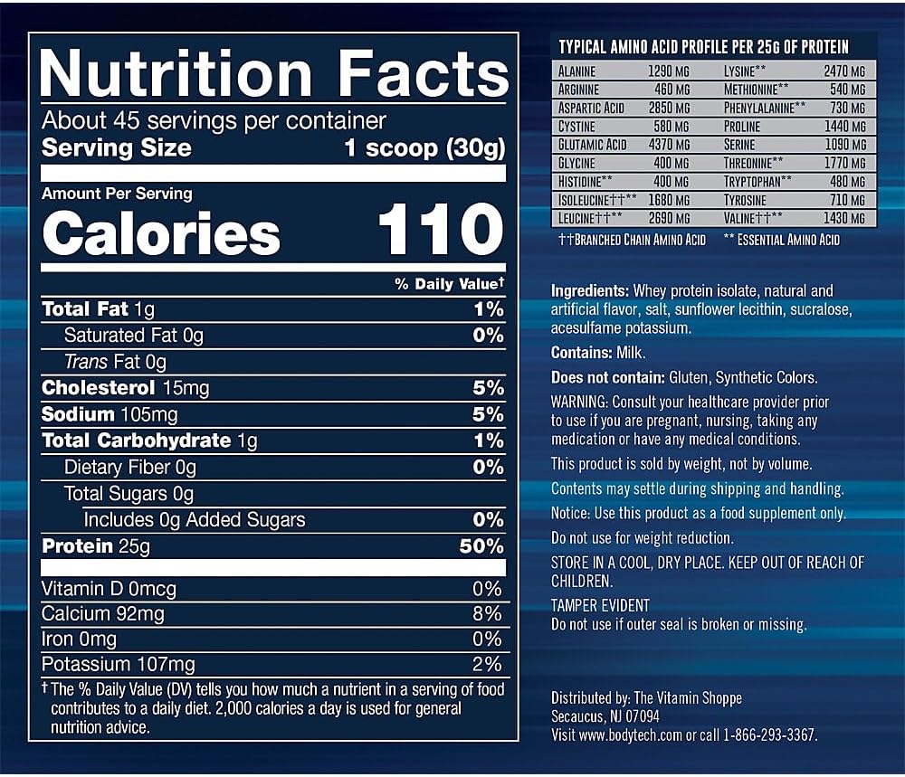 BodyTech Whey Protein Isolate Powder, French Vanilla, 1.5 LB, 23 Servings | 25G Protein per Serving, High Concentrated Protein Powder With Amino Acids & BCAAs for Men and Women, Gluten Free
