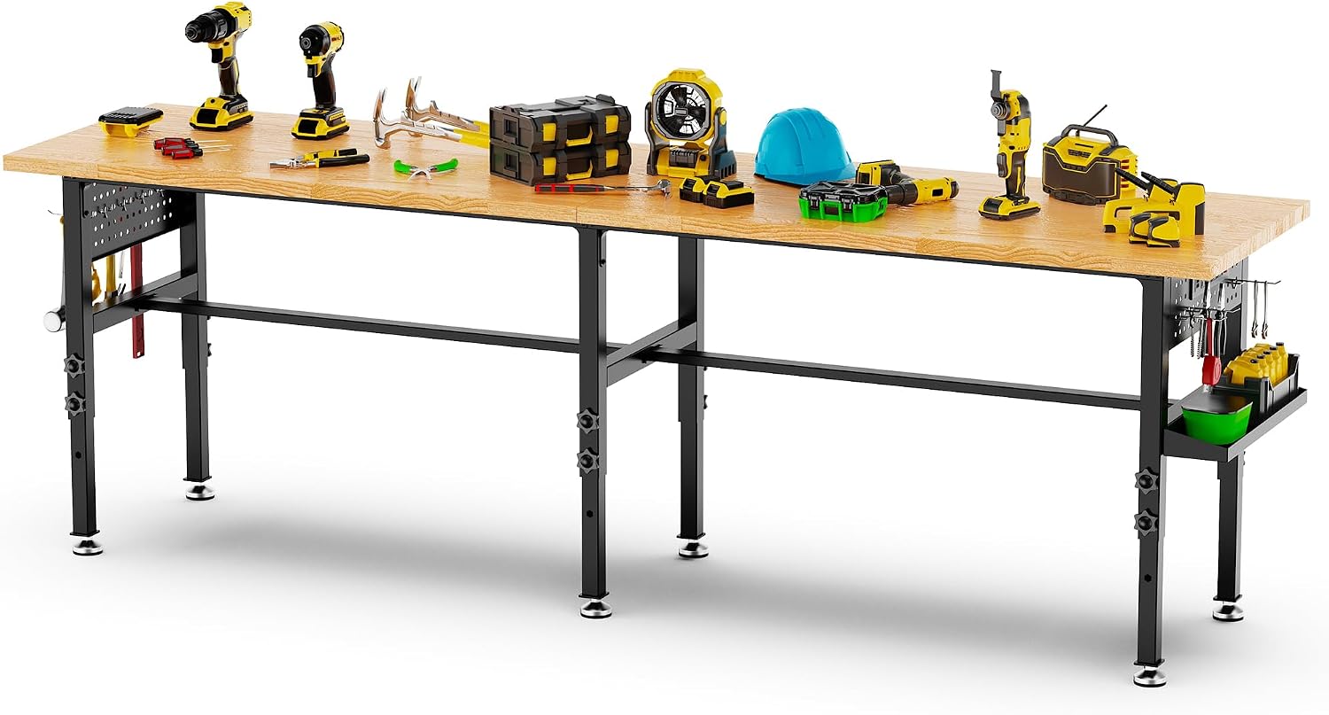 60 Inch Heavy Duty Workbench with Storage Cabinet, Wooden Top, 2000 lbs Capacity, Garage Work Table with Pegboard, Power Outlet, Leveling Feet, Black