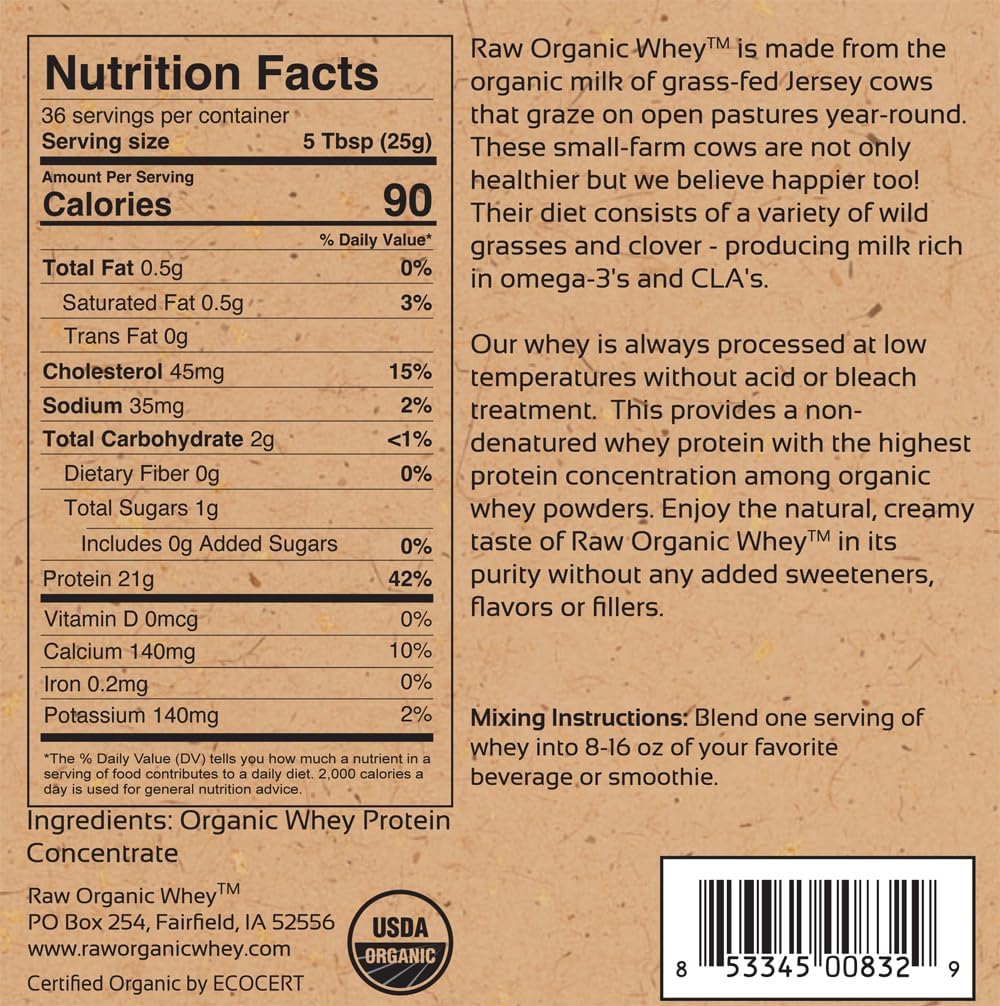Raw Organic Whey Protein Powder, Grass Fed, Unflavored – 1 Ingredient, No Additives or Fillers, Undenatured, Made in USA, 5 lb
