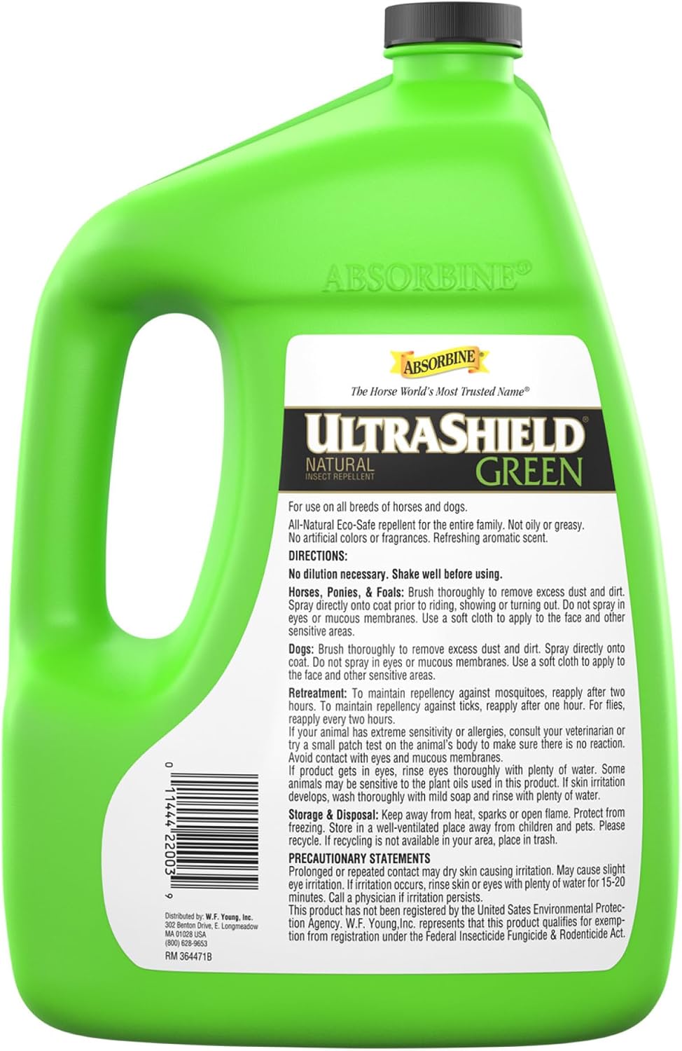 Absorbine UltraShield Green Natural Insect Repellent, 128 fl oz Gallon | Use on Horses & Dogs, Botanical Essential Oils, Daily Use, Repels 70+ Species Including Flies, Mosquitoes, Gnats & Ticks