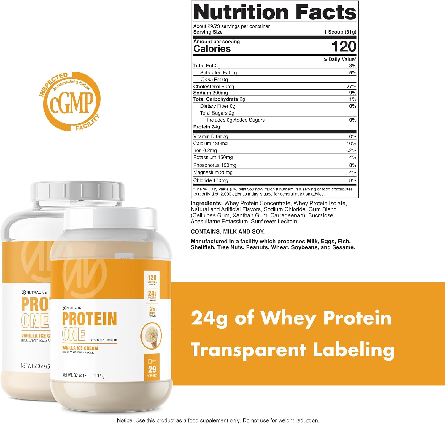 NutraOne ProteinOne Whey Protein Promote Recovery and Build Muscle with a Protein Shake Powder for Men & Women (Vanilla Ice Cream - 5 lbs.)