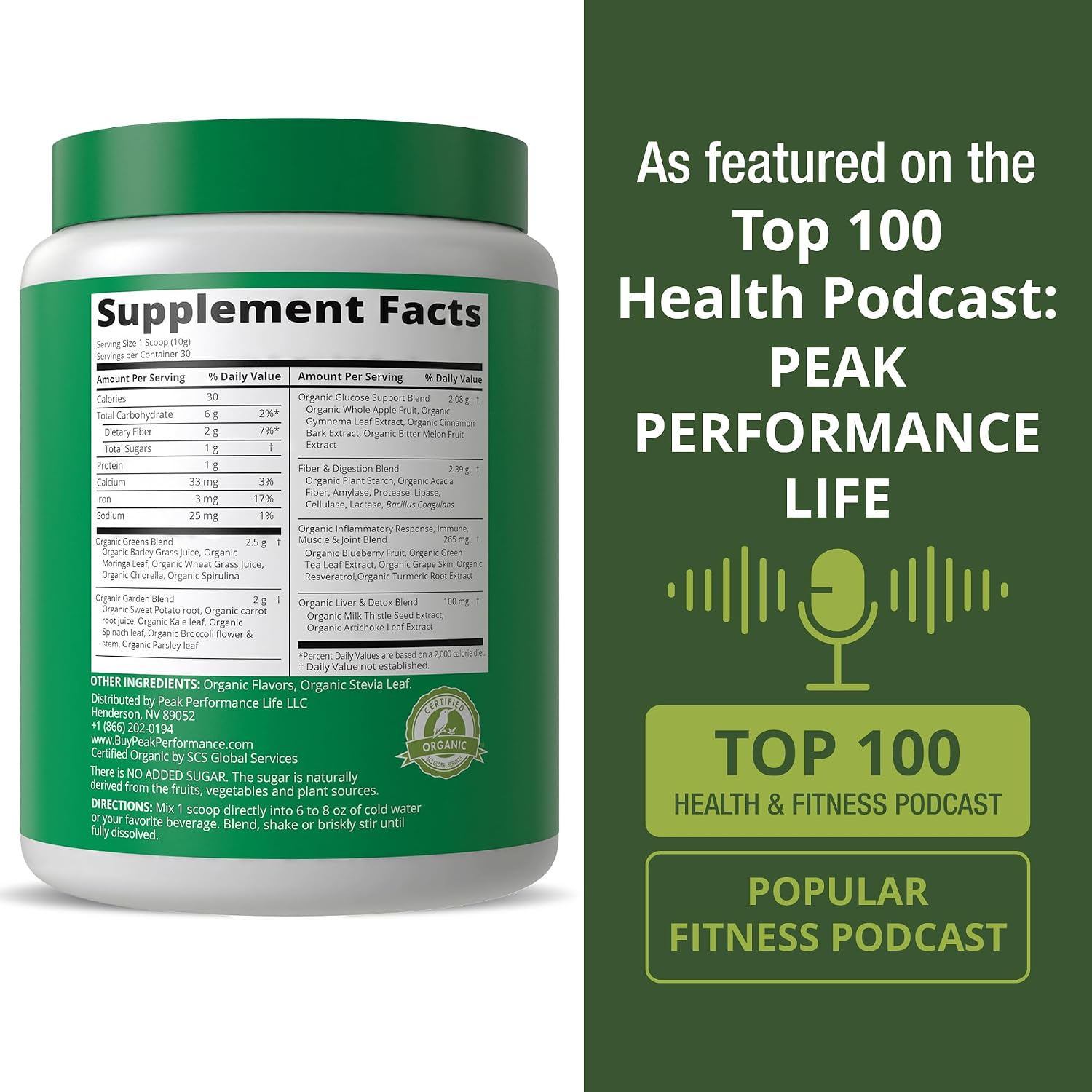 Peak Performance Organic Greens Superfood Powder. Best Tasting Super Greens | Powder with 25+ Organic Ingredients for Max Energy and Athletic Performance. Vegan Keto Green Juice Daily Drink