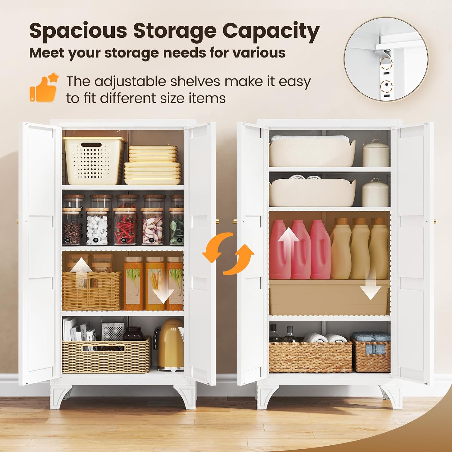 Metal Storage Cabinet with 2 Doors and 4 Adjustable Shelves - 61" White Kitchen Pantry Storage 5-Tier Tall Steel Cabinets Locker for Kitchen, Living Room, Dining Room