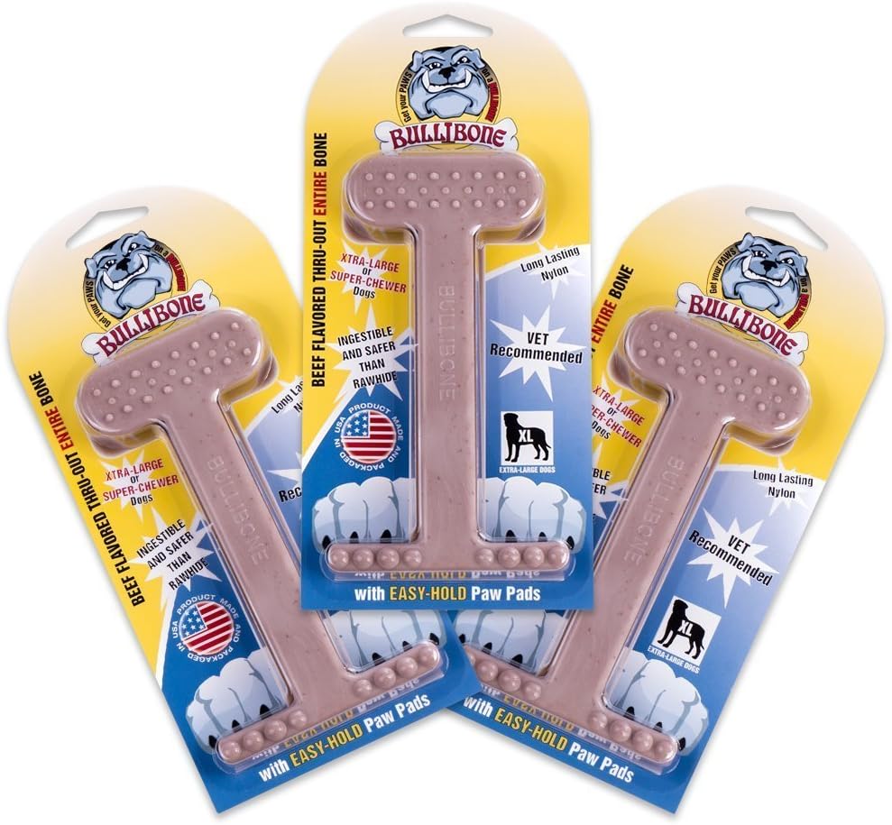 Bullibone Nylon Dog Chew Toy for Aggressive Chewers - Dental Hygiene Bone with Beef Flavor, Durable Tough Chew Toys for Small Dogs, Indestructible Dog Bone - 3 Pack