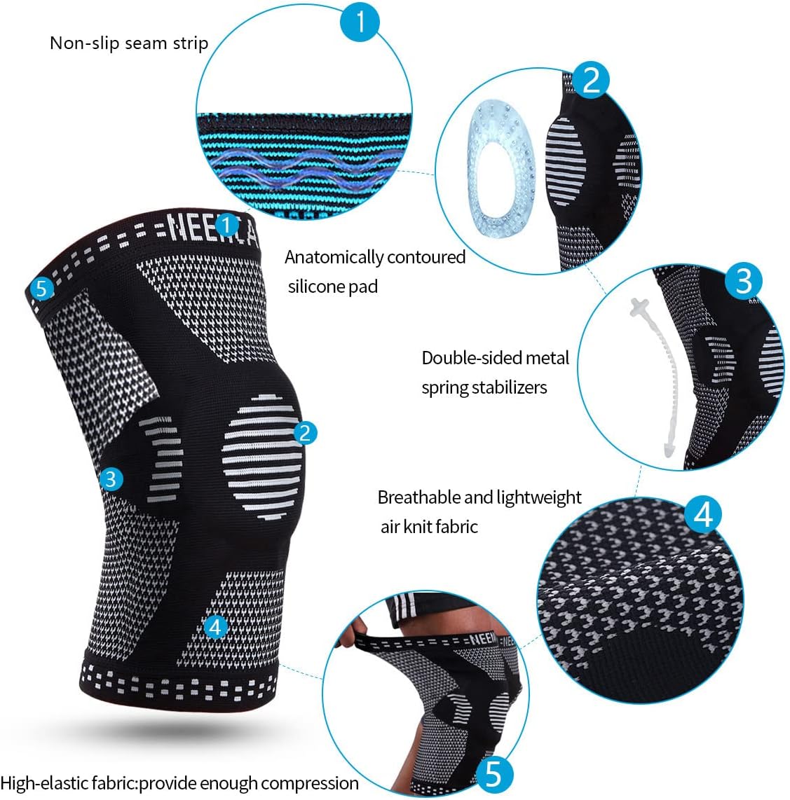 NEENCA Knee Braces for Knee Pain Relief, Compression Knee Sleeves with Patella Gel Pad & Side Stabilizers, Knee Support for Weightlifting, Running