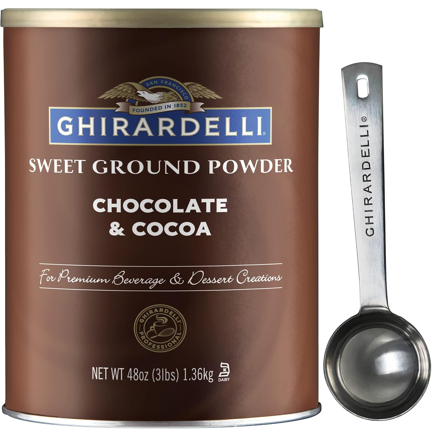 Ghirardelli Chocolate Company Sweet Ground Chocolate & Cocoa Gourmet Powder 3 lbs with Ghirardelli Stamped Barista Spoon