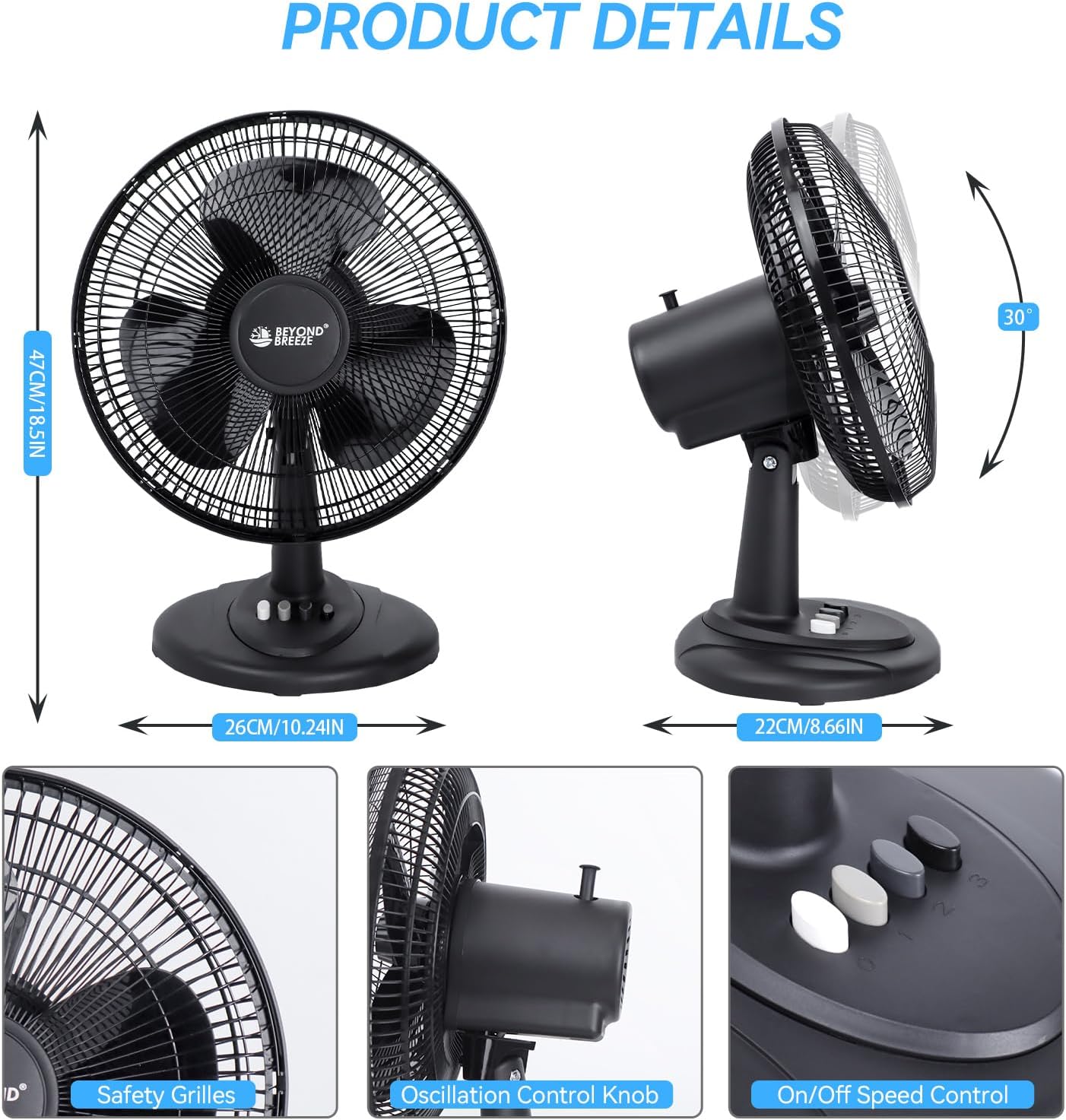 BEYOND BREEZE Oscillating Table Fan for Bedroom, 12-Inch & 3 Speeds, White