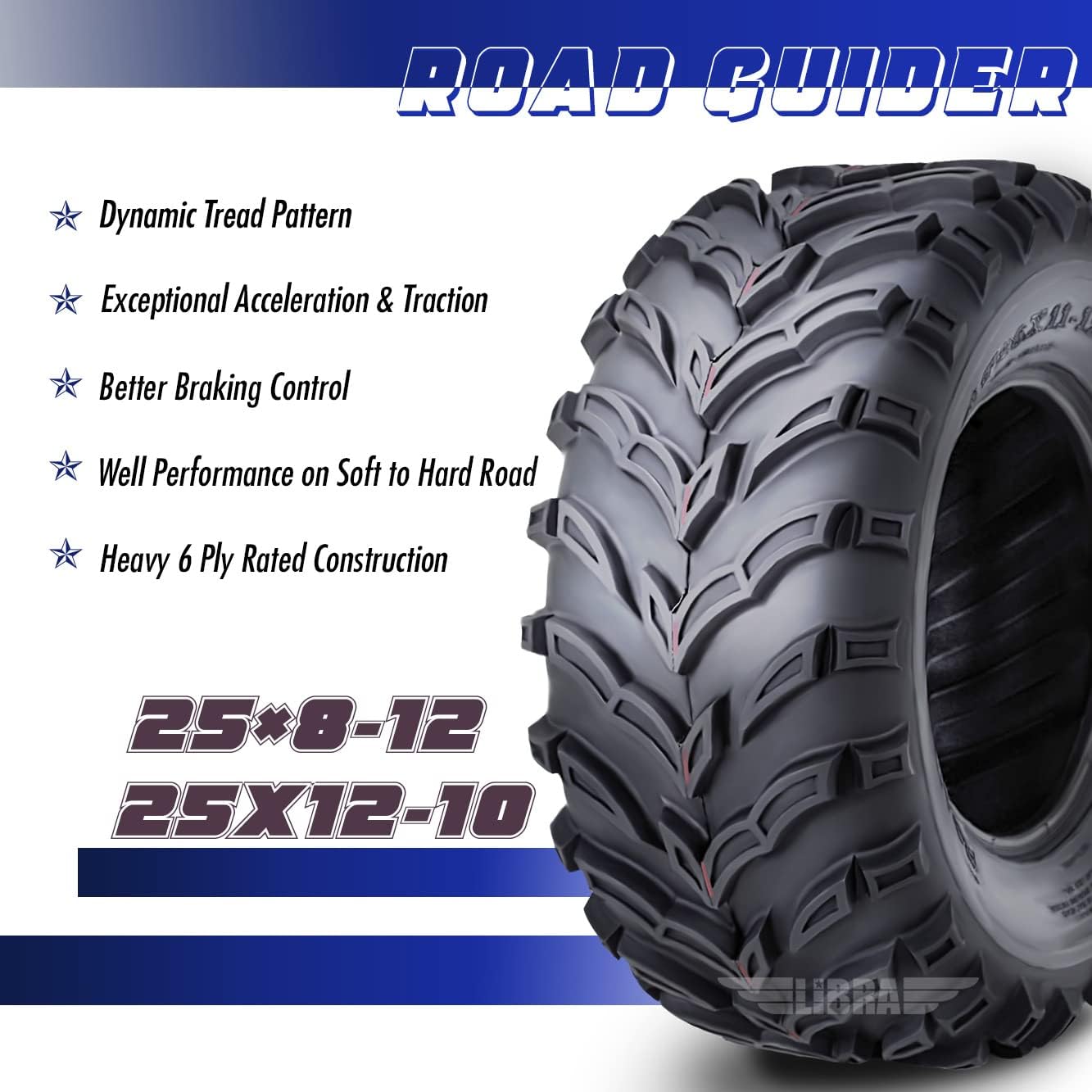 ROADGUIDER Set 4 ATV/UTV Tires 25x8-12 Front 25x12-10 Rear 6PR 10272/274