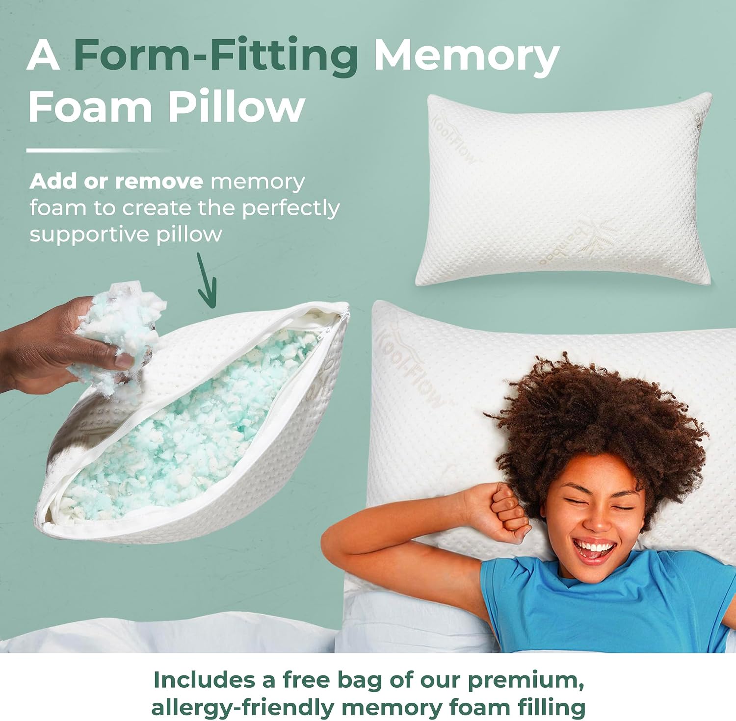 Snuggle-Pedic Adjustable Memory Foam Pillows - GreenGold Certified Pillow w/ Viscose of Bamboo Cover for Side, Stomach & Back Sleepers - Made in the USA - Standard