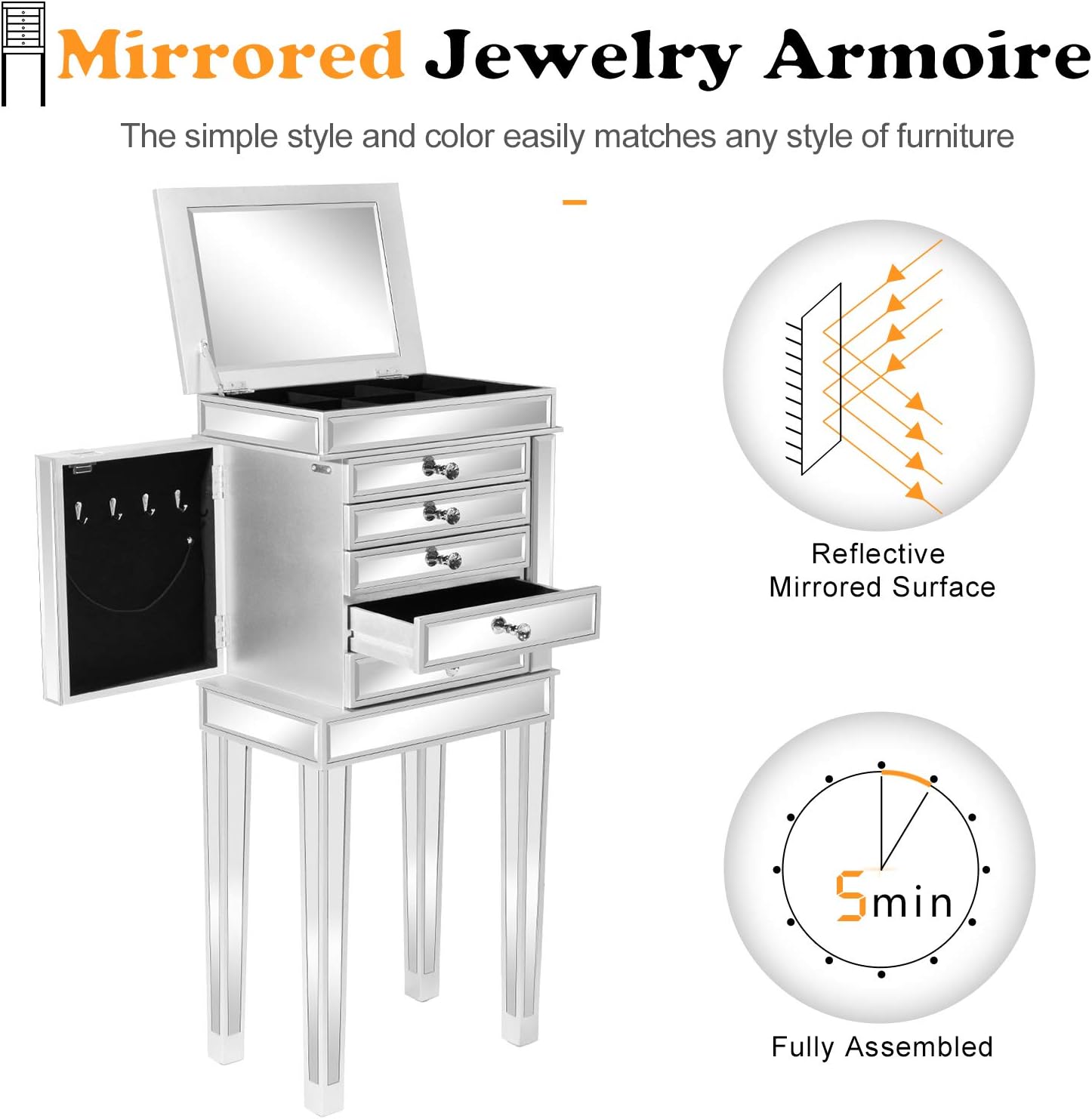 VINGLI Mirrored Jewelry Armoire, Mirror Jewelry Cabinet Standing with 6 Drawers & 2 Side Doors, Jewelry Armoire Cabinet, Standing Jewelry Box