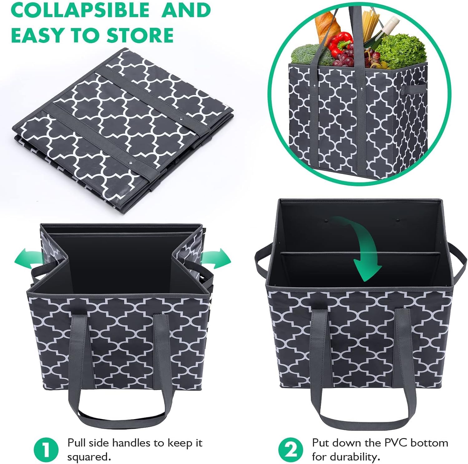 WISELIFE Reusable Grocery Bags 3-Pack Foldable Washable Large Storage Bins Basket Water Resistant Shopping Tote Bag Black