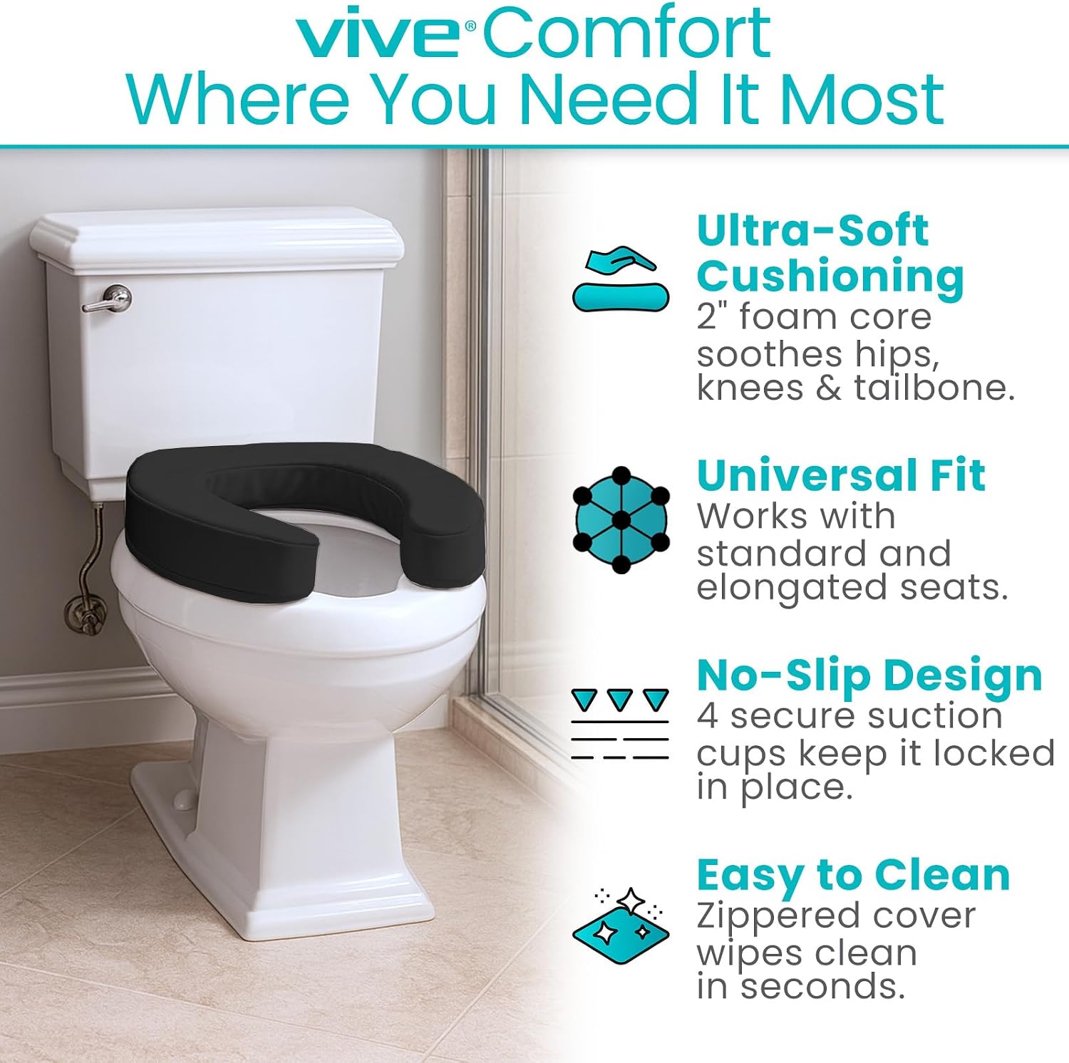 Vive Toilet Seat Cushion (Soft Cushioned Foam) - Easy Clean Soft Padded