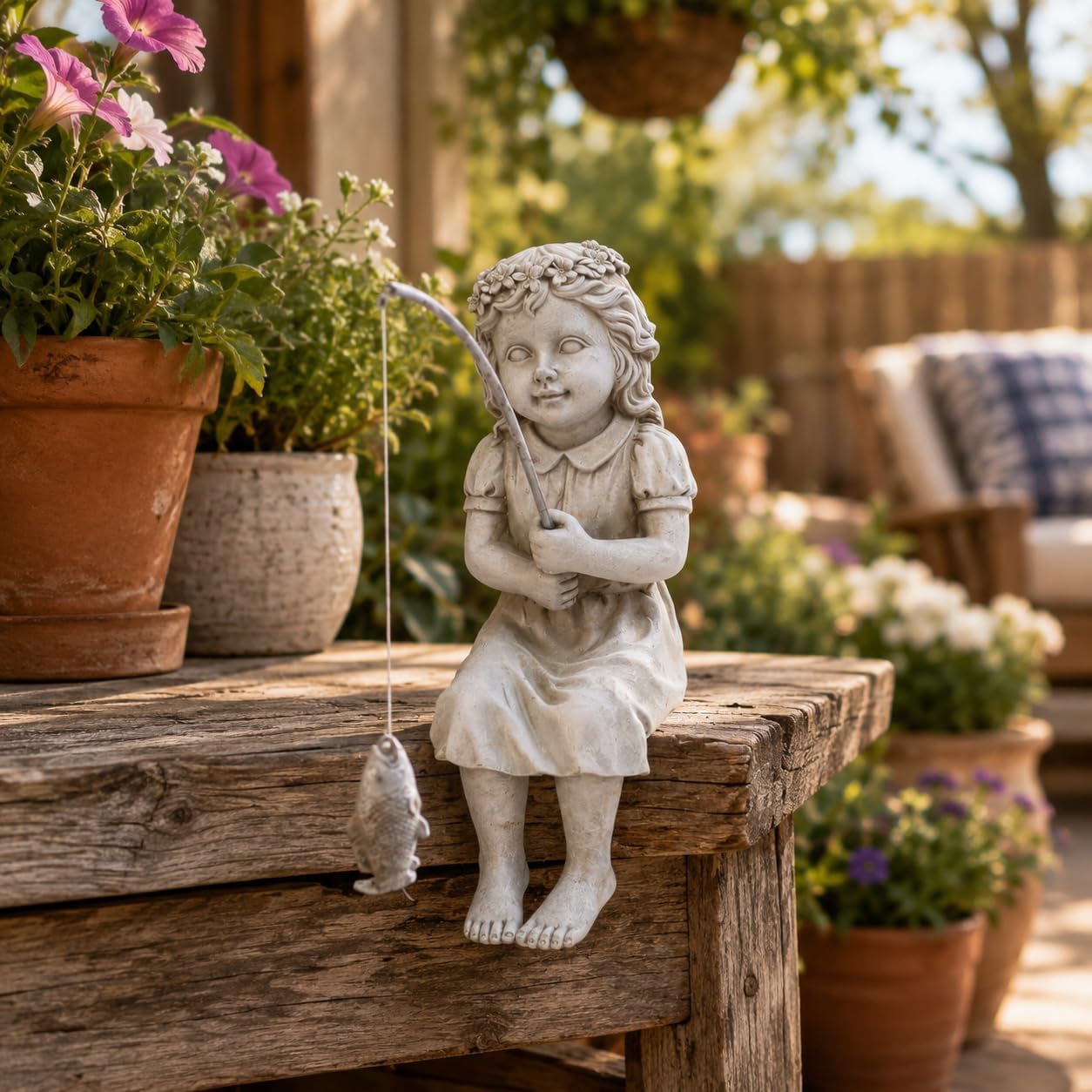 Goodeco Fisherboy Statue Garden Decor - 11" Little Fishing Guy for Koi Pond or Waterfalls, Poolside Statue with Glow in Dark Pebbles Included