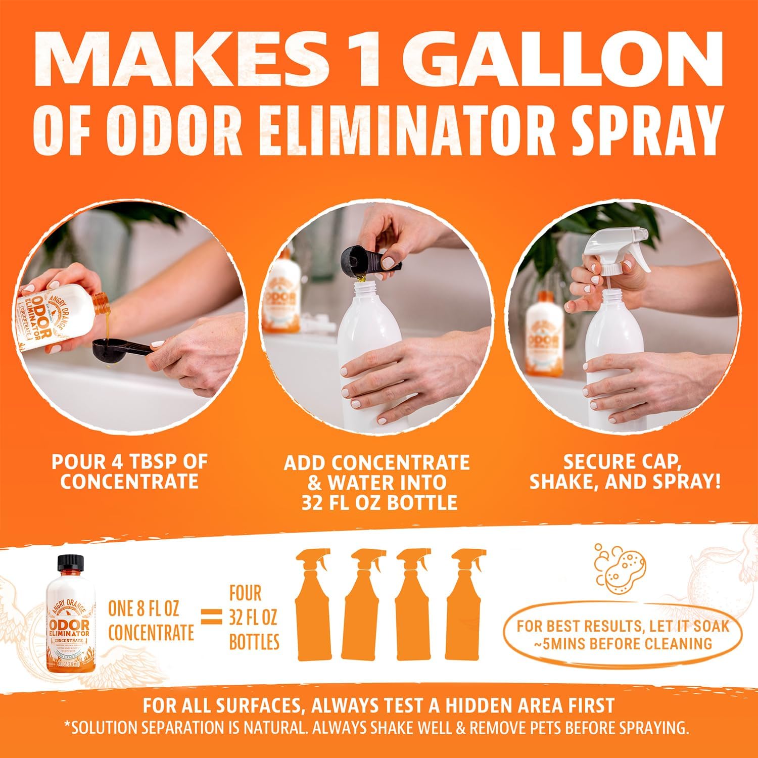 Angry Orange Pet Odor Eliminator 8 oz. bottle- Industrial Strength Pet Odor Remover - Makes (4) 32oz. Bottles - 1 Gallon - Neutralizes and Sanitizes Tough Pet Odors Fast