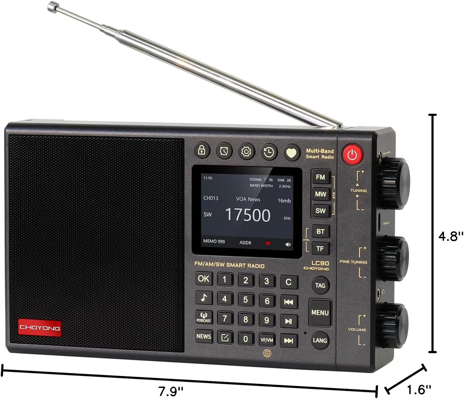 CHOYONG LC90 Smart Internet Radio | AM/FM, Longwave & Shortwave Multi-Band, SSB Single Side Band Reception, WiFi/4G, Bluetooth, TF Card