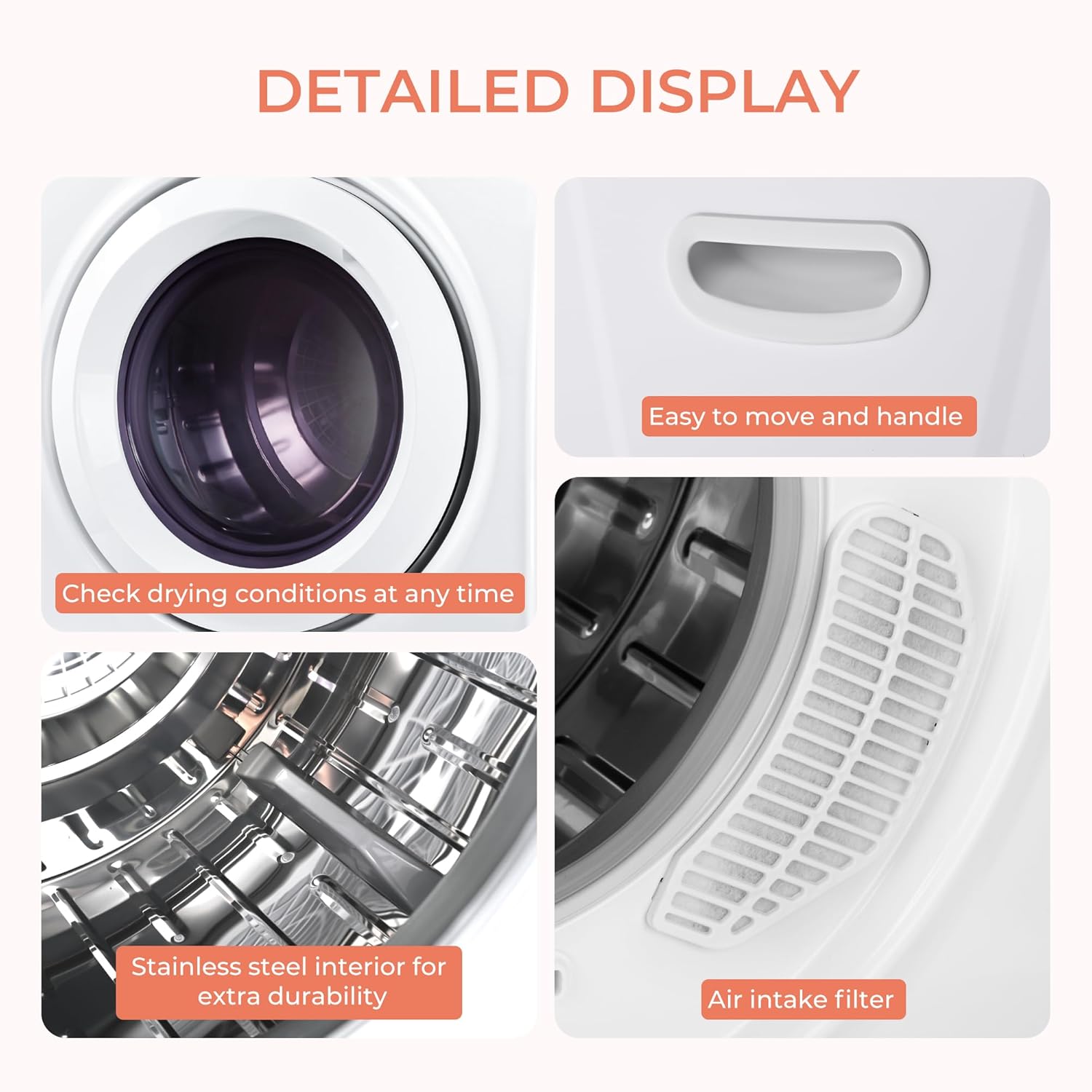 Euhomy Compact Laundry Dryer, 3.5 cu ft Front Load Stainless Steel Clothes Dryers With Exhaust Pipe, 1500W
