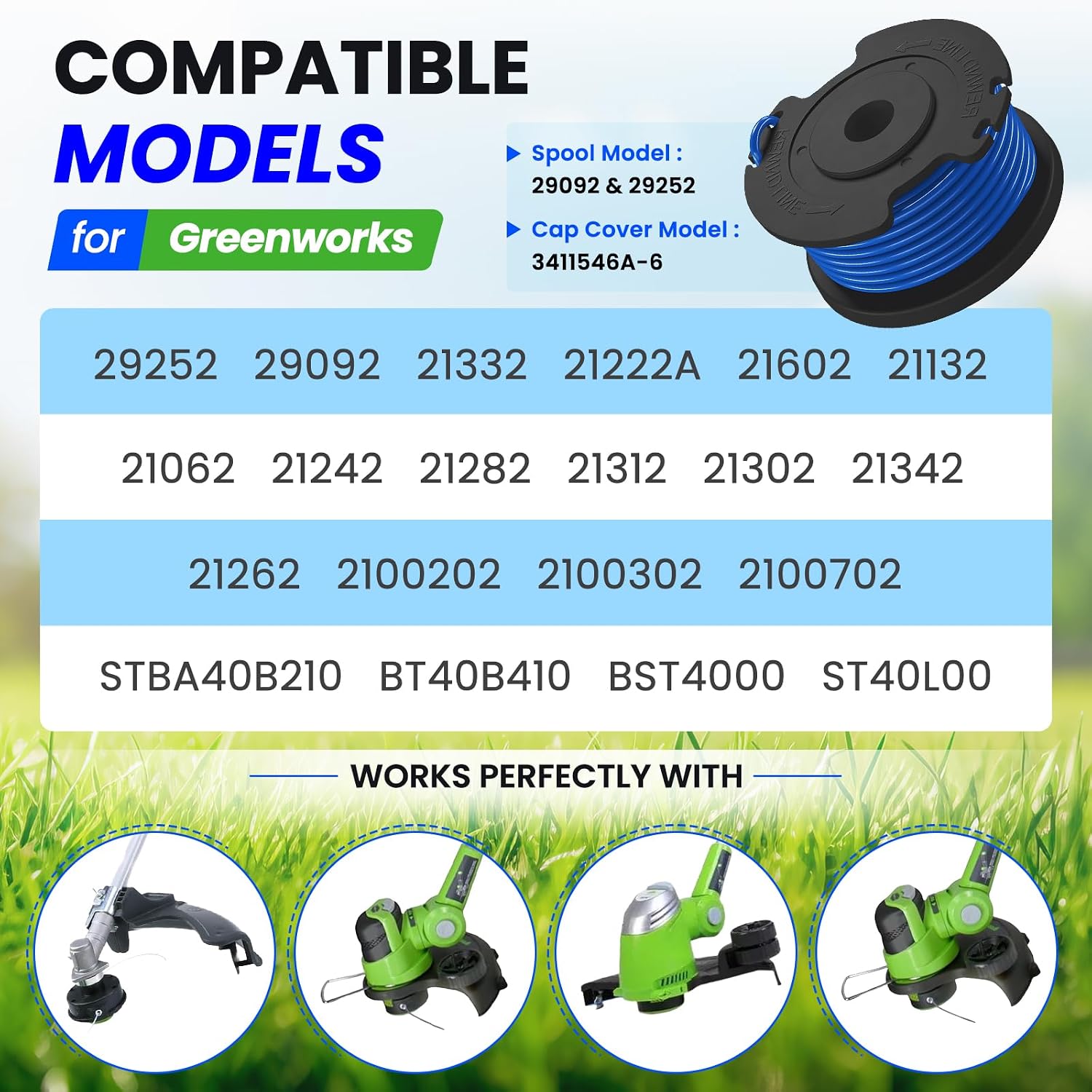 8 Pack Weed Eater String Replacement for Greenworks 20V, 40V Single Line Cordless Trimmers, Plus 1 Cap