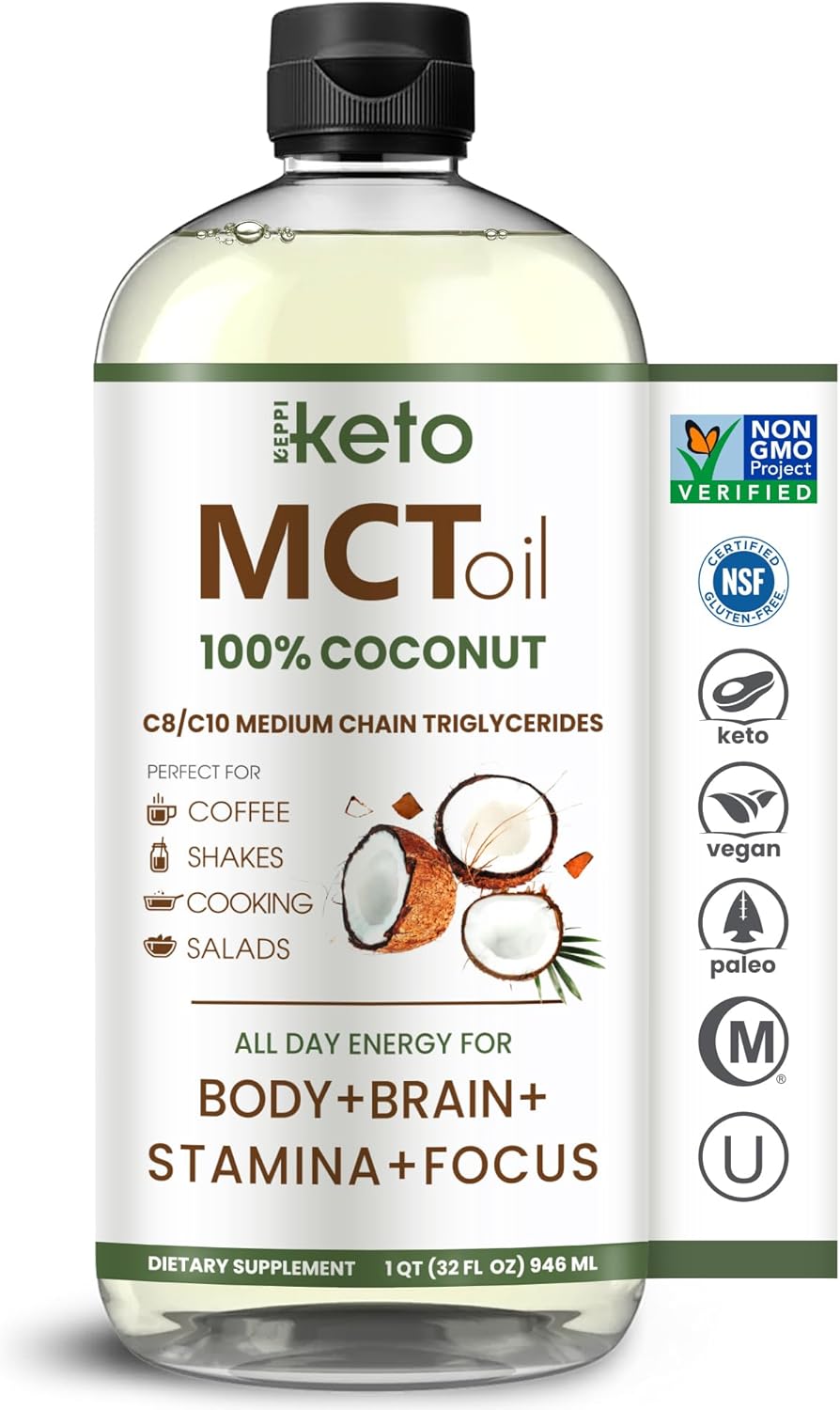 Keppi MCT Oil - From 100% Coconuts - Flavorless C8 and C10, Non-GMO, Certified Gluten-Free, Palm Oil Free, Vegan, Kosher, Halal, 32 oz Coconut Oil