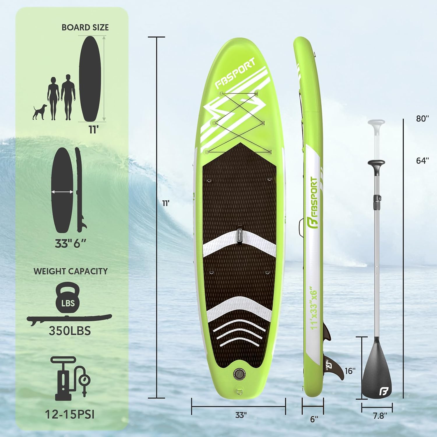FBSPORT 11' Premium Stand Up Paddle Board, Yoga Board with SUP Accessories & Carry Bag | Wide Stance, Surf Control, Non-Slip Deck, Leash