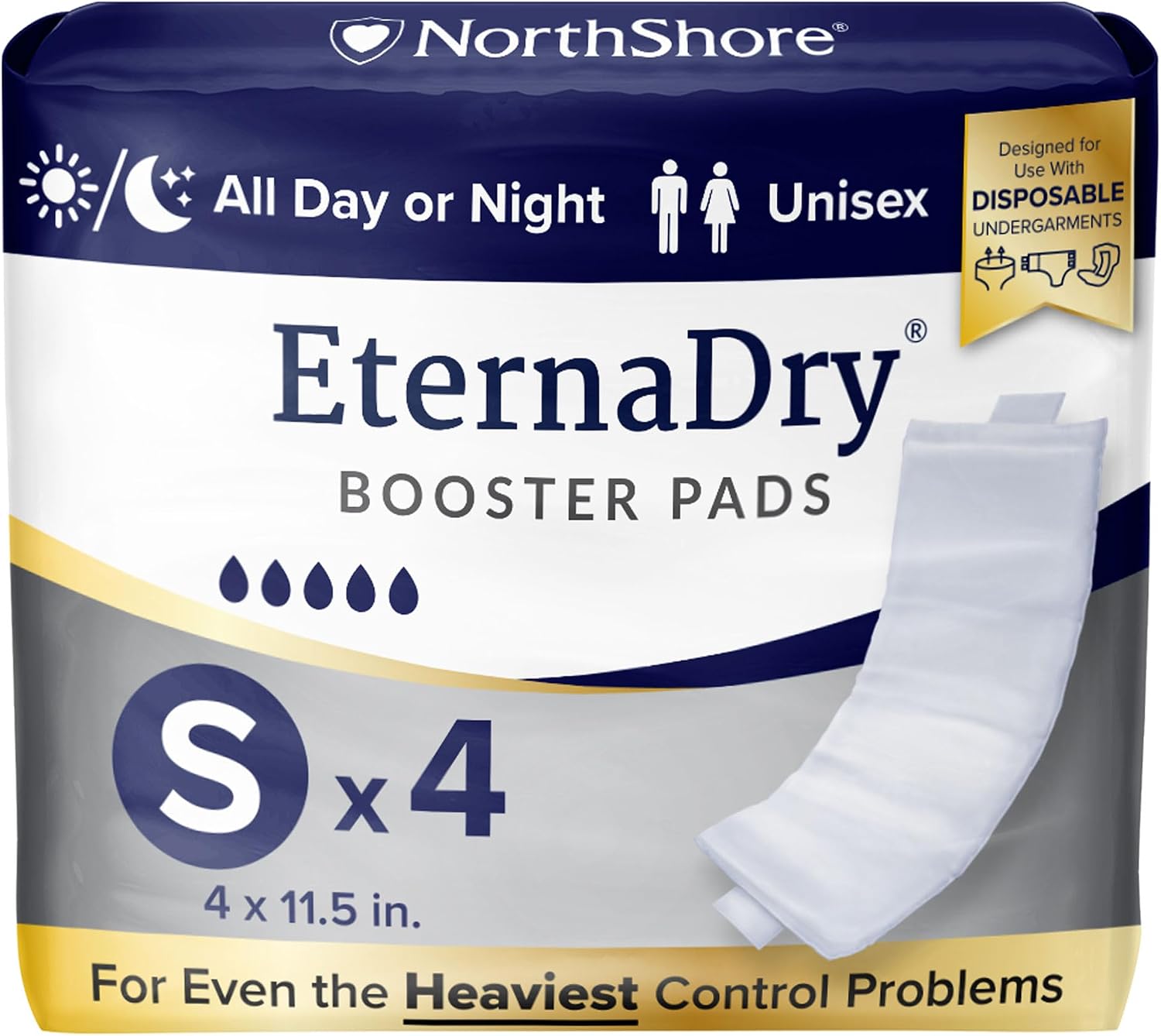 NorthShore EternaDry Booster Pads with Adhesive, Large, 30 Count | Diaper Doublers for Men and Women, Extended Leak Protection, Overnight Heavy Bladder Leaks, Minimize Changes, 6x16 in.