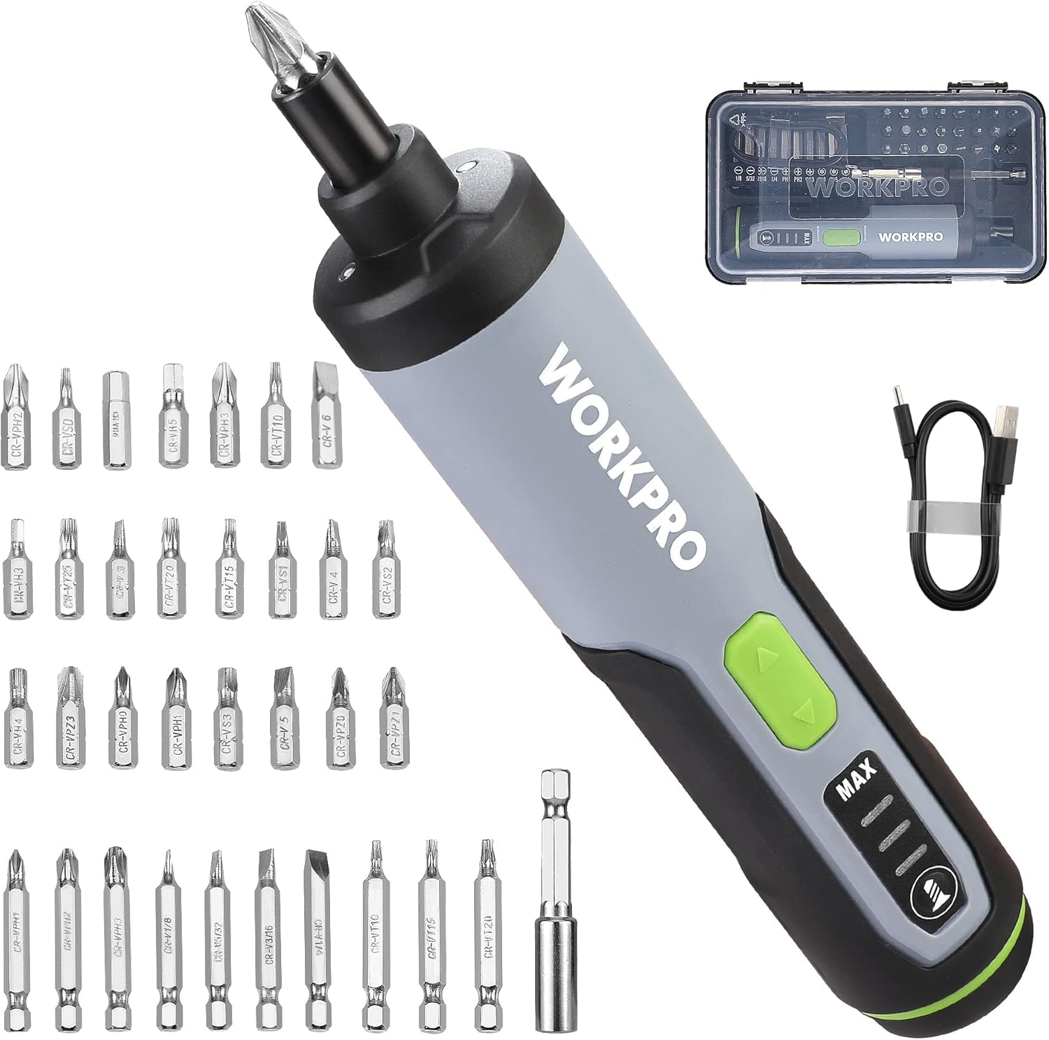 WORKPRO 4V Electric Screwdriver, Rechargeable Cordless Screwdriver Set with 35 Bits, Extension Rod, USB Charging Cable in Carrying Case, LED Light