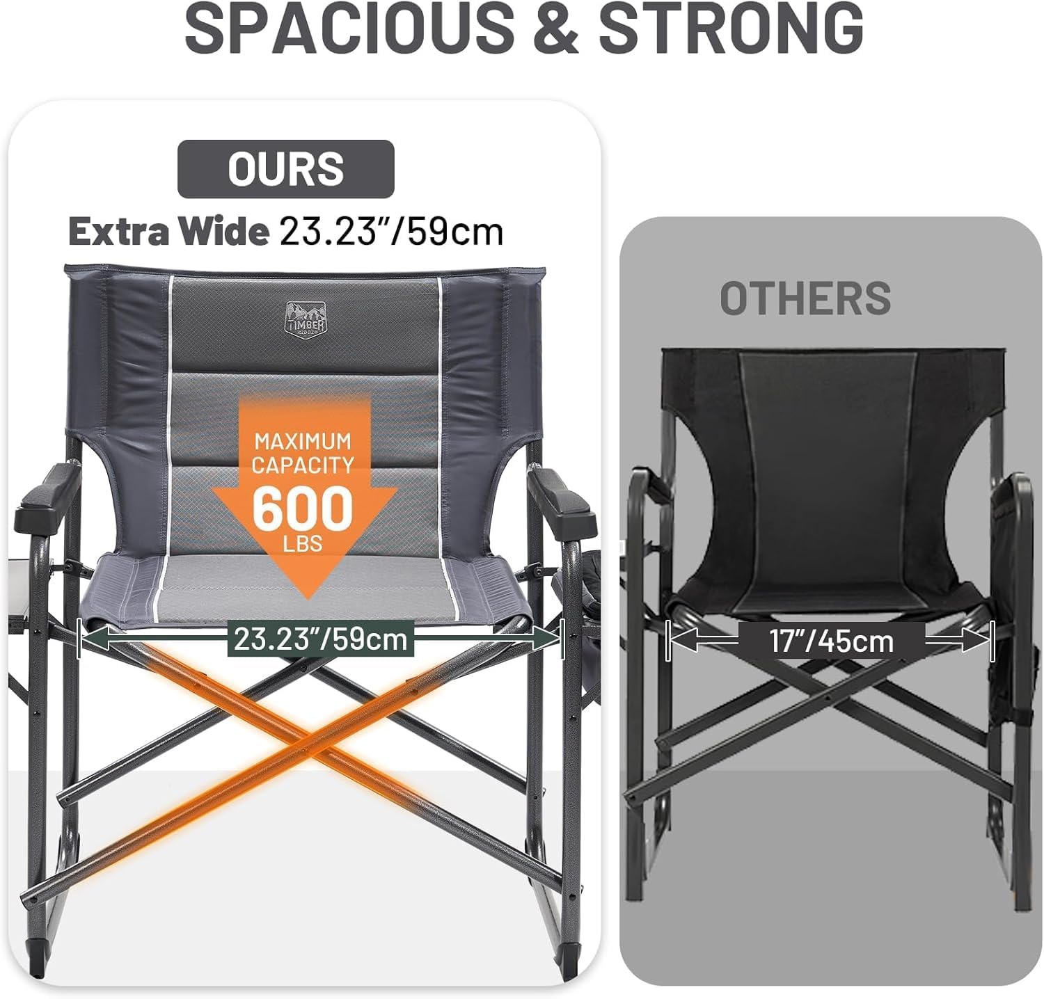 Timber Ridge XXL Oversized Directors Chair 600lbs - Heavy Duty Camping Chair with Cooler Bag & Table, Portable Folding Chair with Wide Seat for Tailgating, Patio, Outdoor - Grey