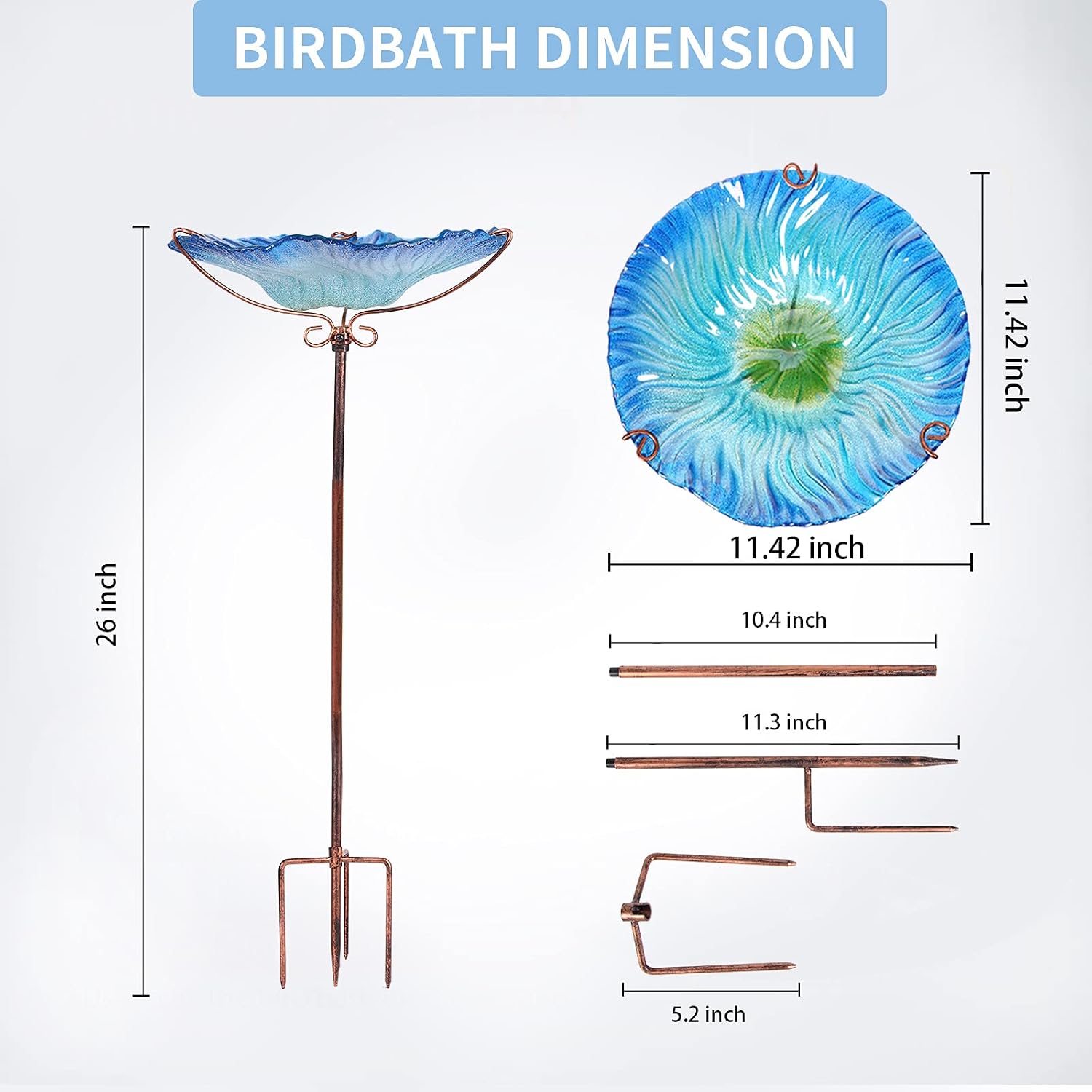 MUMTOP Glass Bird Bath for Outside, Blue Bird Feeder Birdbaths for Oudoors