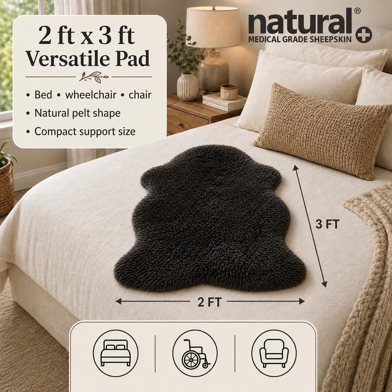 Natural Medical Sheepskin Pad, Non-Slip Back, Natural, 17 x 17 in, 1 Pack