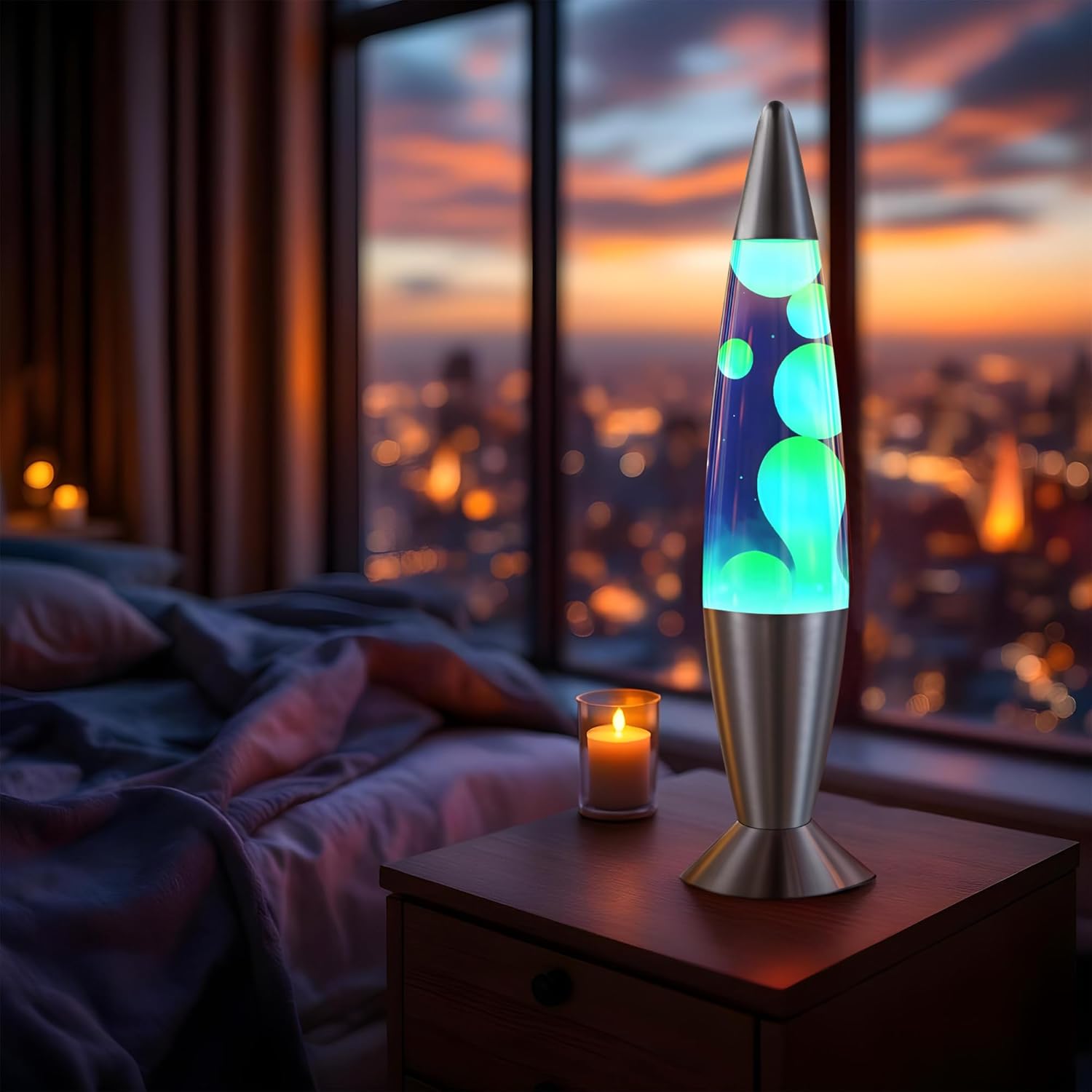 JAMBO 16" Beautiful Lamp- Purple with Yellow/Orange Wax, Relaxing Liquid Light, Night Light Nightlight