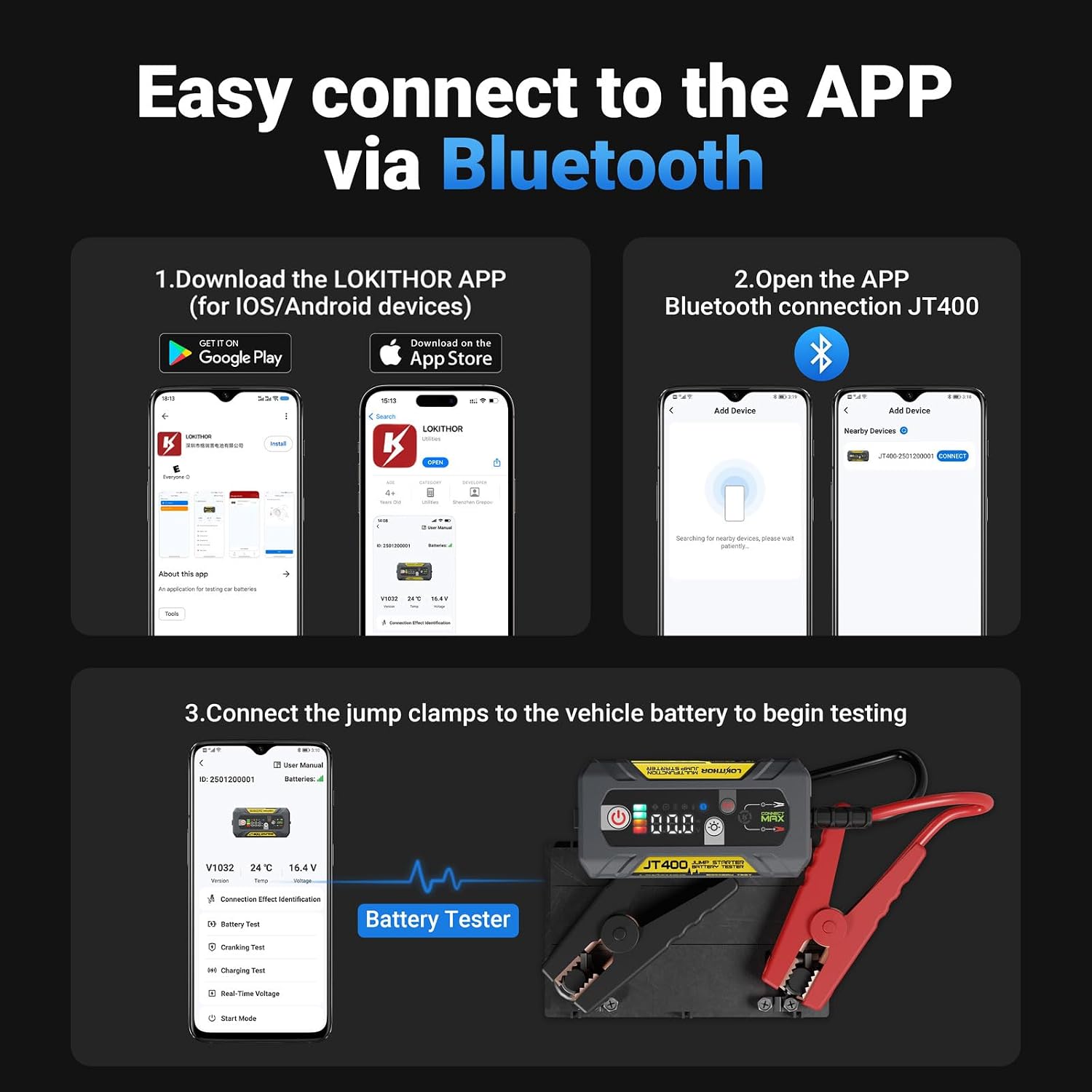 LOKITHOR JT400 2500A Portable Jump Starter with 100–2000 CCA Battery Tester, 12V Car Battery Jump Starter for Up to 8.5L Gas or 6.5L Diesel Engines, Smart Bluetooth Automotive Battery Load Tester