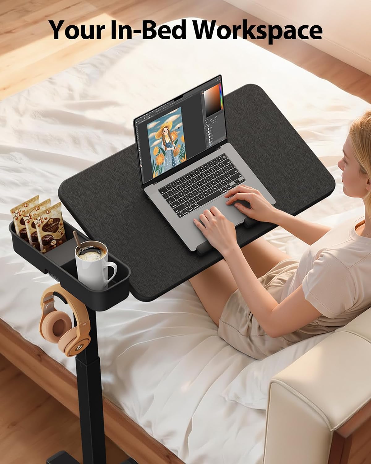 SAIJI Magnetic Height and 360° Angle Adjustable Overbed Bedside Table Tray | Lengthened Over Bed Desk with Wheels
