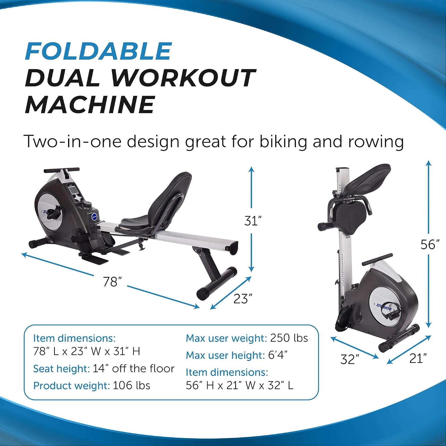 Stamina Conversion II Recumbent Exercise Bike and Rower - Cardio Machine with smart Workout App - Exercise Bike for Home Workout - Up to 250 lbs