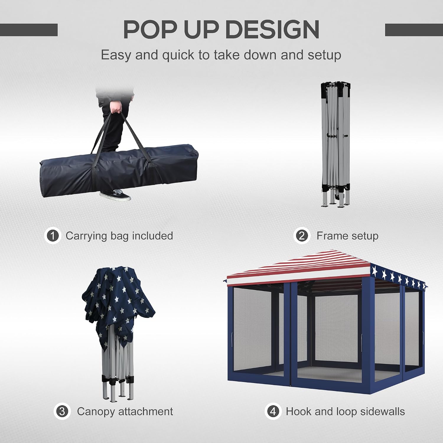 Outsunny 10' x 10' Pop Up Canopy Tent with Netting Carry Bag American Flag | Instant Gazebo, Screen House Room, Height Adjustable, Outdoor, Garden
