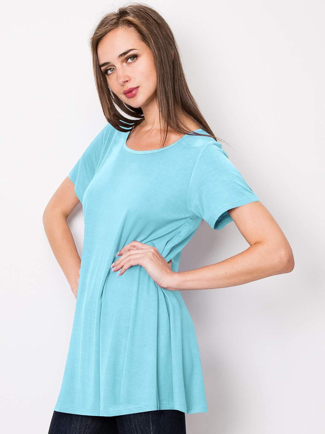 Lock and Love Women Solid Short Sleeve/Sleeveless Tunic for Leggings Swing Tunic Flare Tank Tops S-5XL Plus Size Made in USA