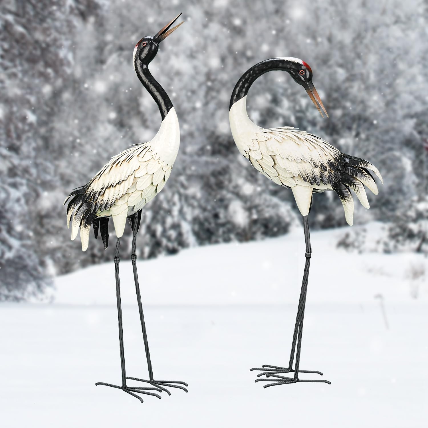 chisheen Garden Crane Statues Outdoor Heron Red Crowned Crane Metal Yard Art Sculpture,Set of 2