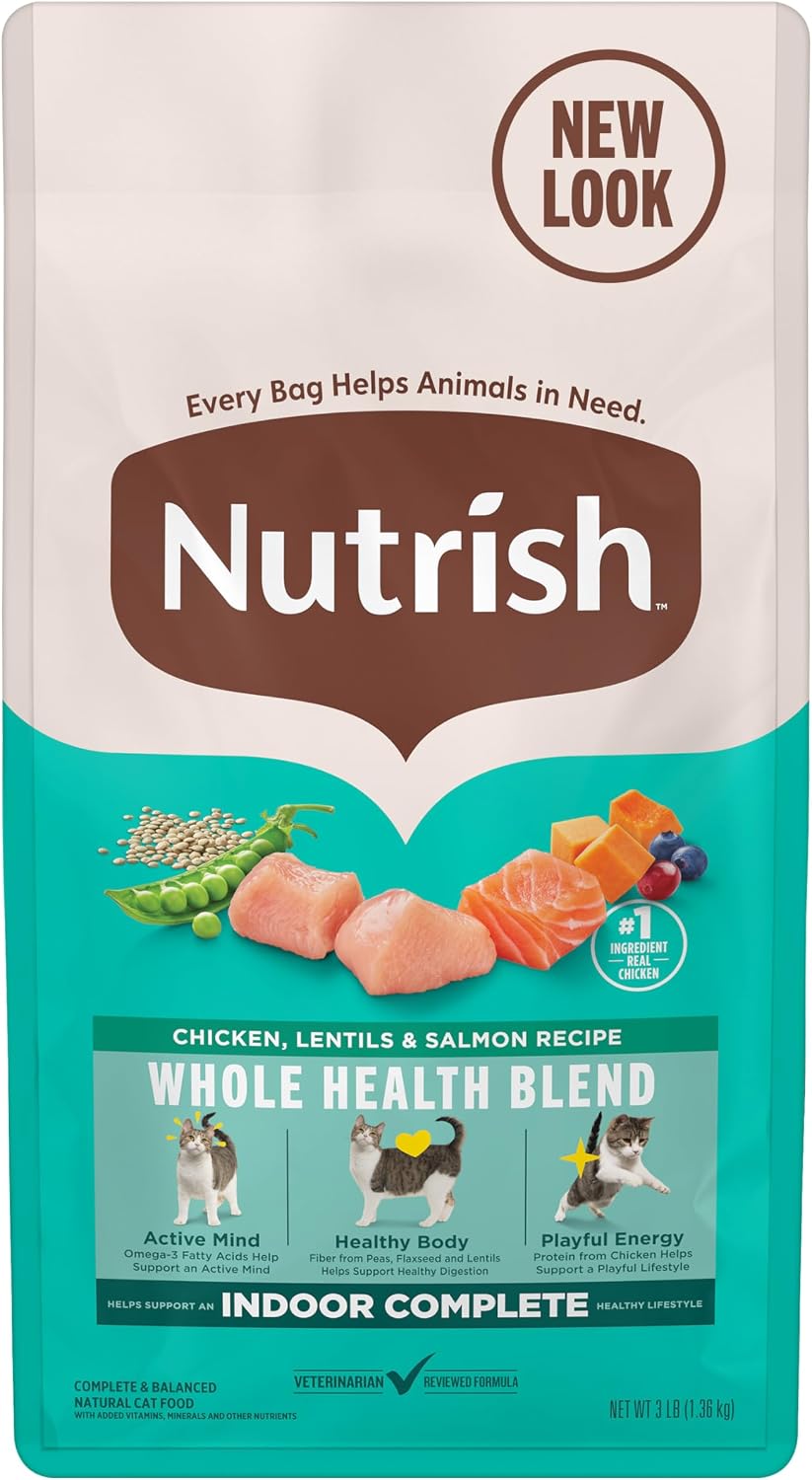 Nutrish Indoor Complete Dry Cat Food, 3 lb. Bag (Rachael Ray) | Chicken, Lentils & Salmon Recipe, Crafted for Adult Indoor Cats, Veterinarian Reviewed Formula