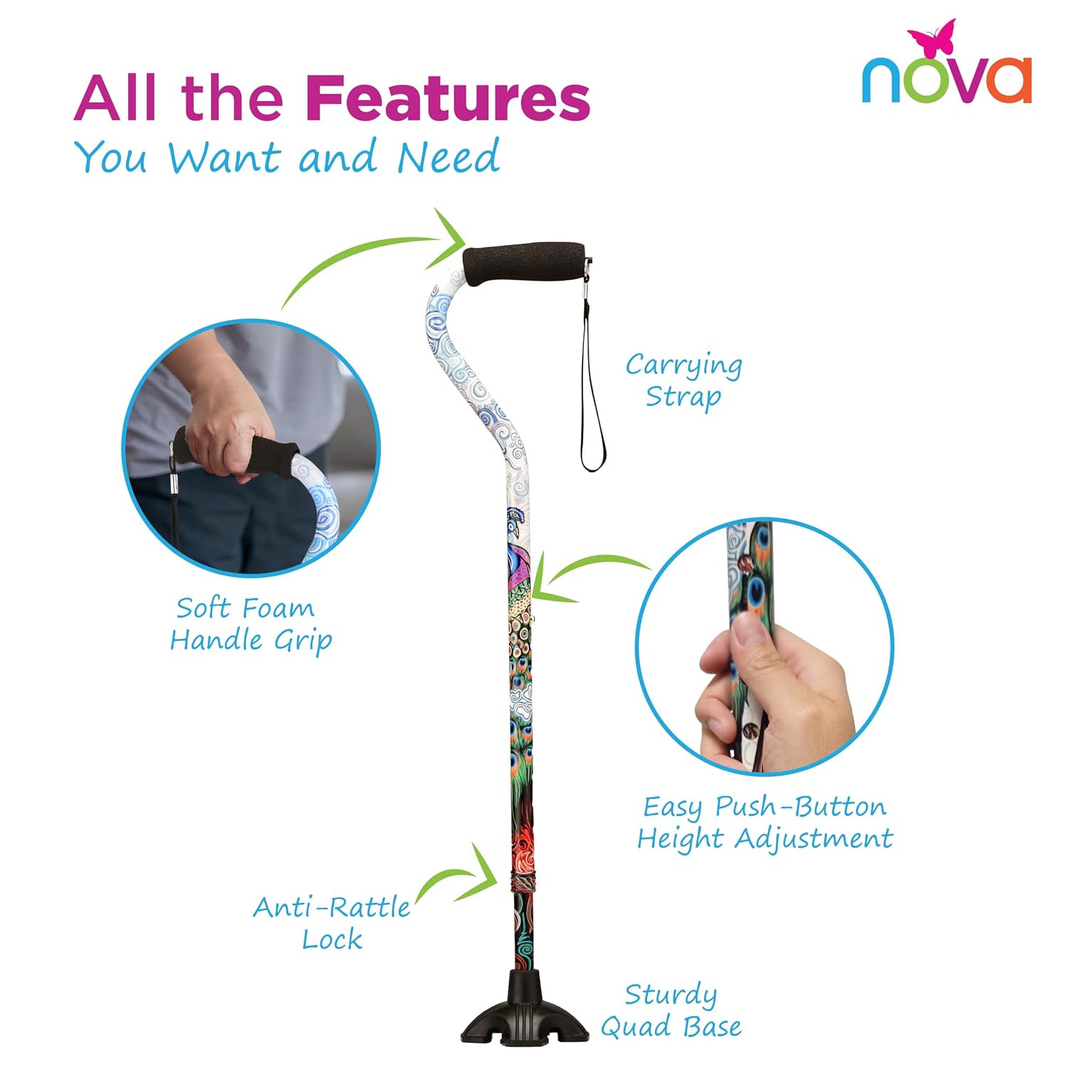 Nova Joy Designer Offset Quad Cane for Seniors - Unisex Adjustable Lightweight Walking Aid with Foam Handle, Wrist Strap and Anti-Rattle Lock - Essential Mobility Support - Maui Flowers