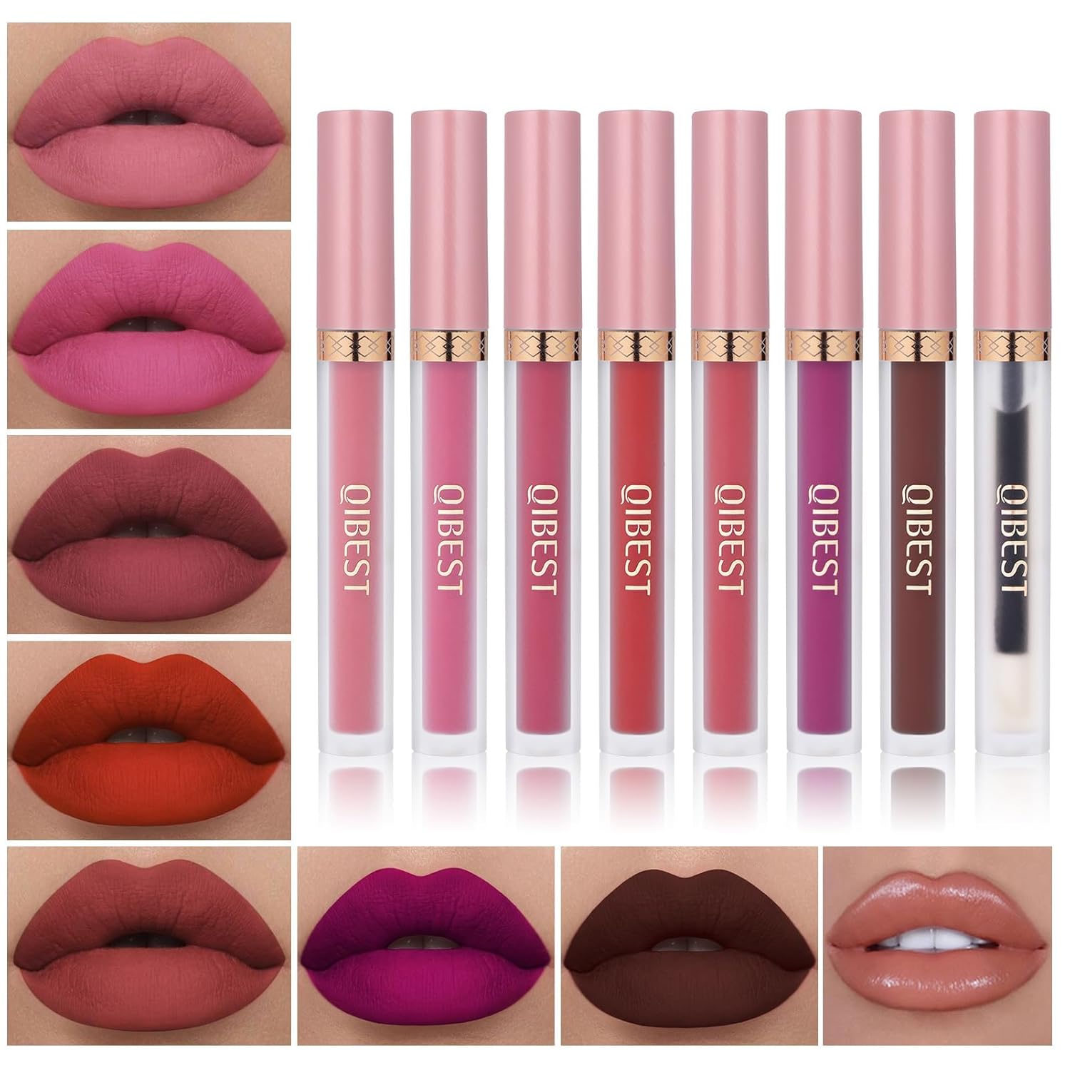 QiBest 7Pcs Matte Liquid Lipstick + 1Pcs Lip Plumper Makeup Set Kit, Pigmented Long Lasting Lip Gloss Set