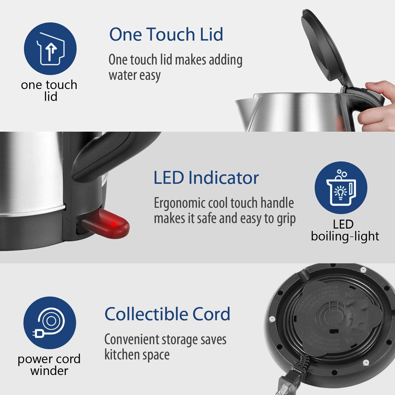 Comfee 1.7L Stainless Steel Electric Tea Kettle, BPA-Free Hot Water Boiler, Cordless with LED Light, Auto Shut-Off and Boil-Dry Protection